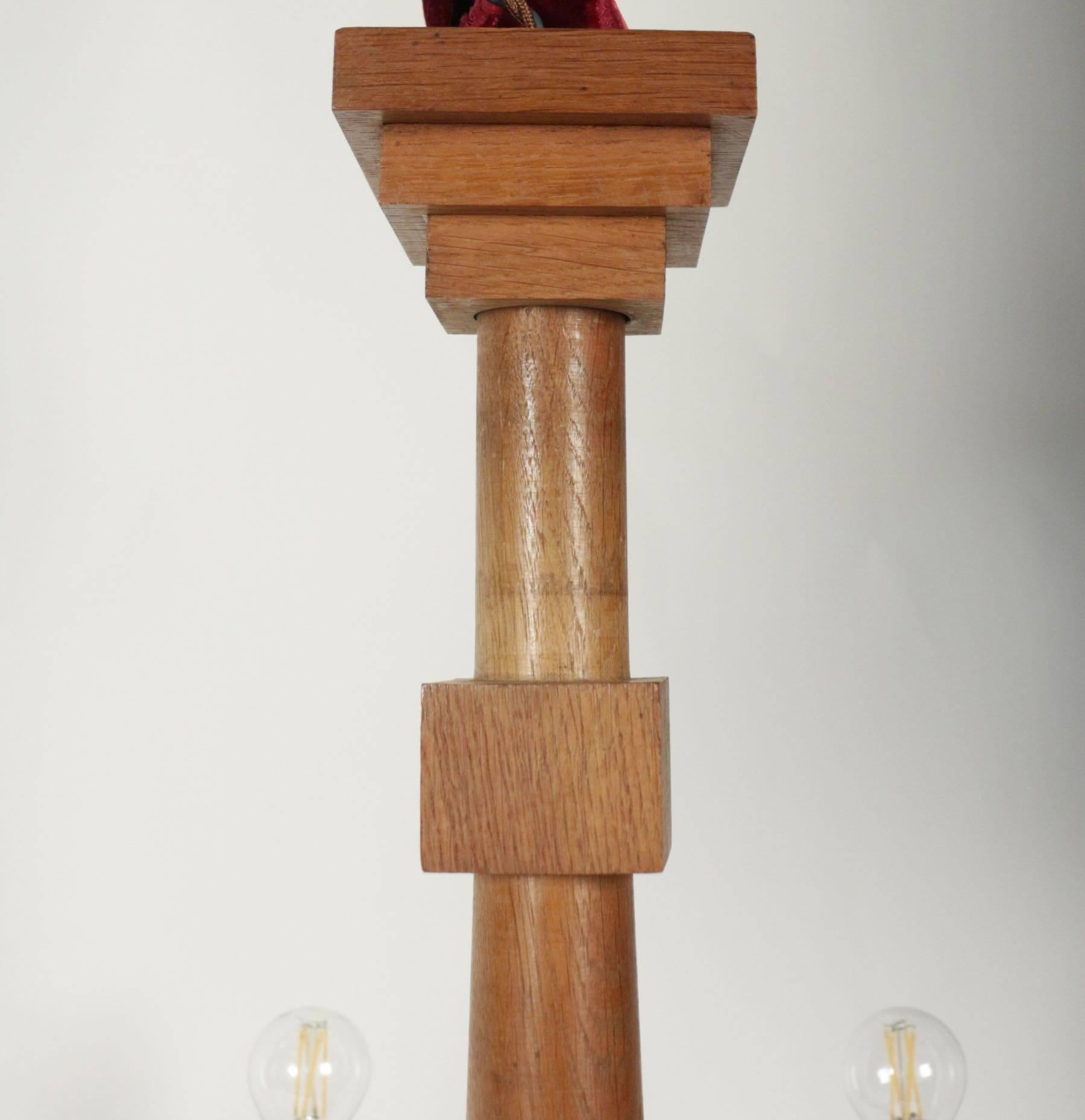 Six-Arm Cubiste Lustre in Wood, circa 1940 2