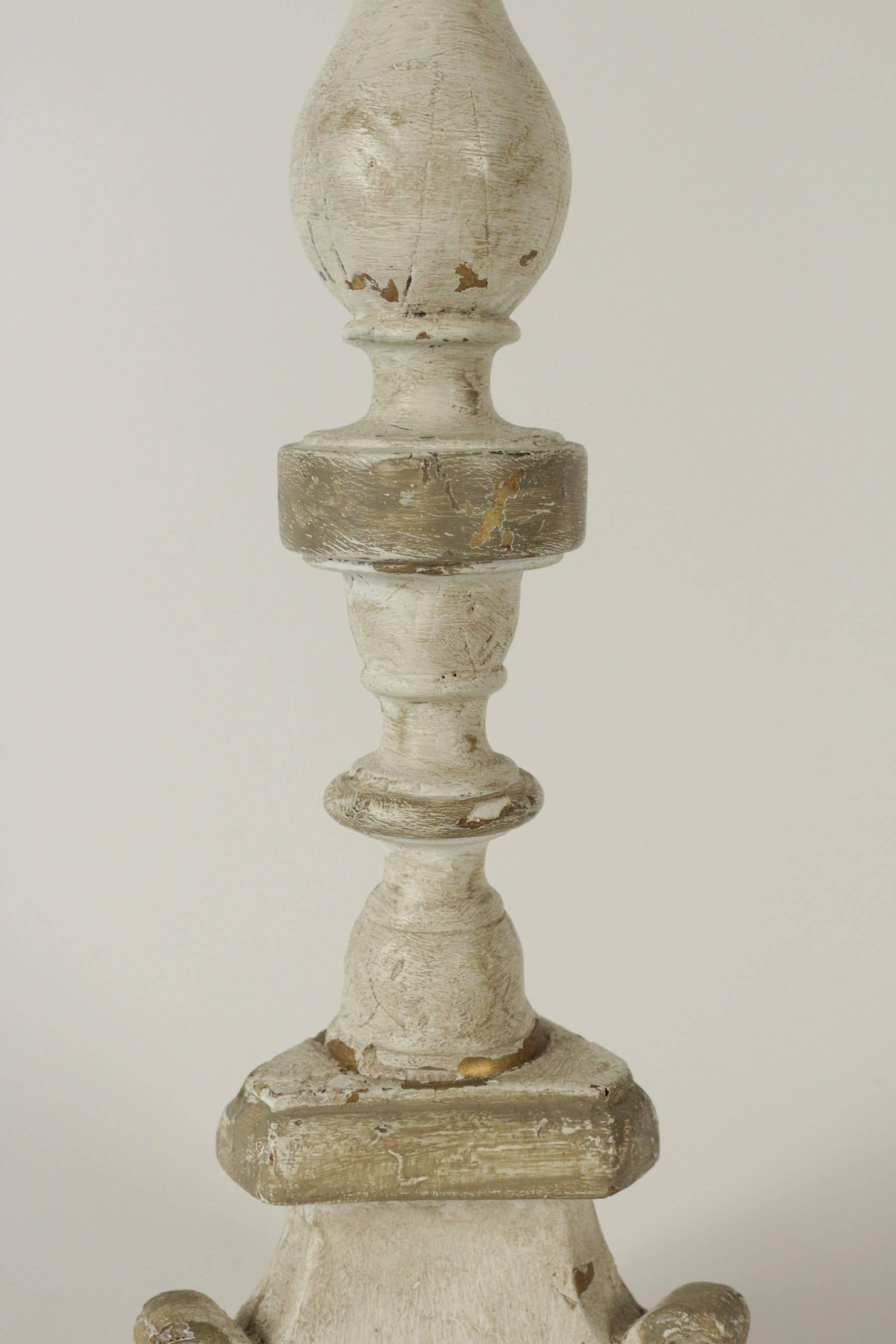 Painted Candle Stick in Sculpted Wood from the 19th Century Repainted in 20th Century