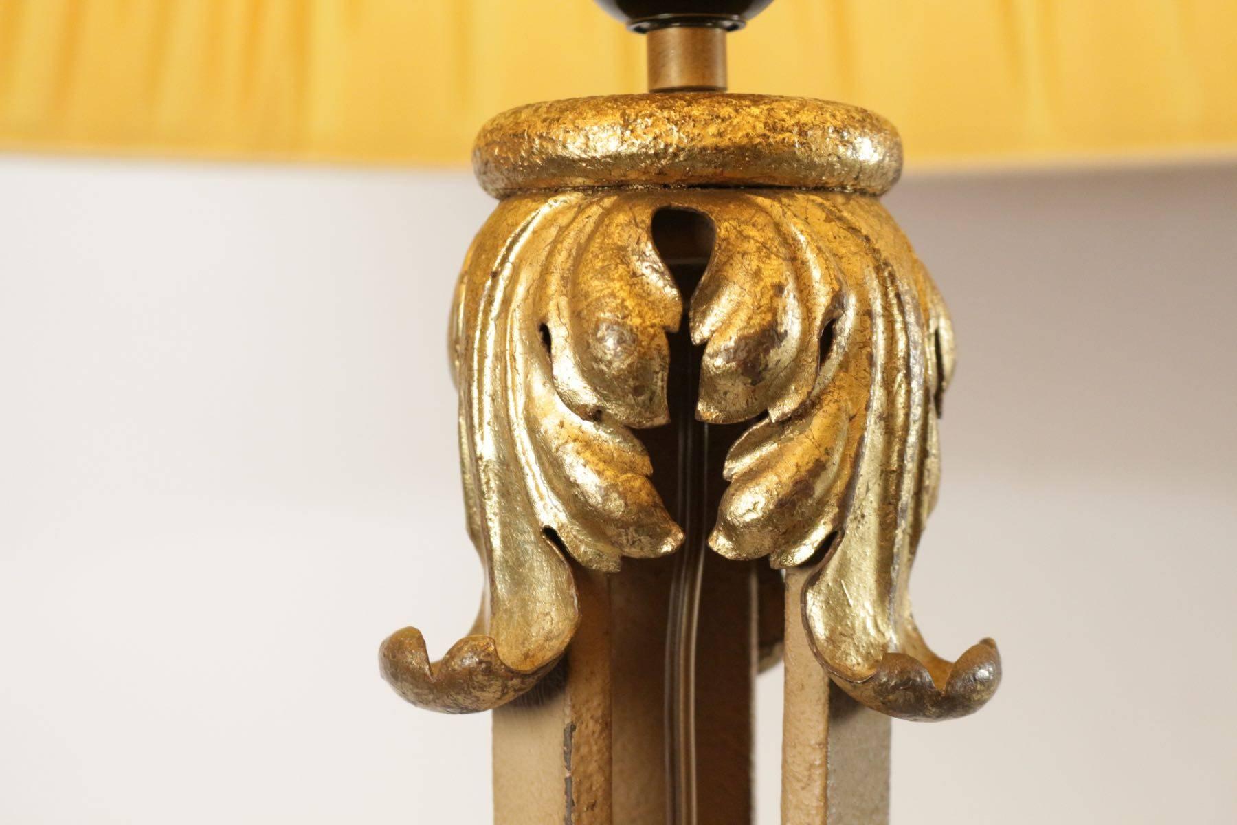 French Beautiful Standing Lamp in Wrought Iron with Gold Gilded Accents