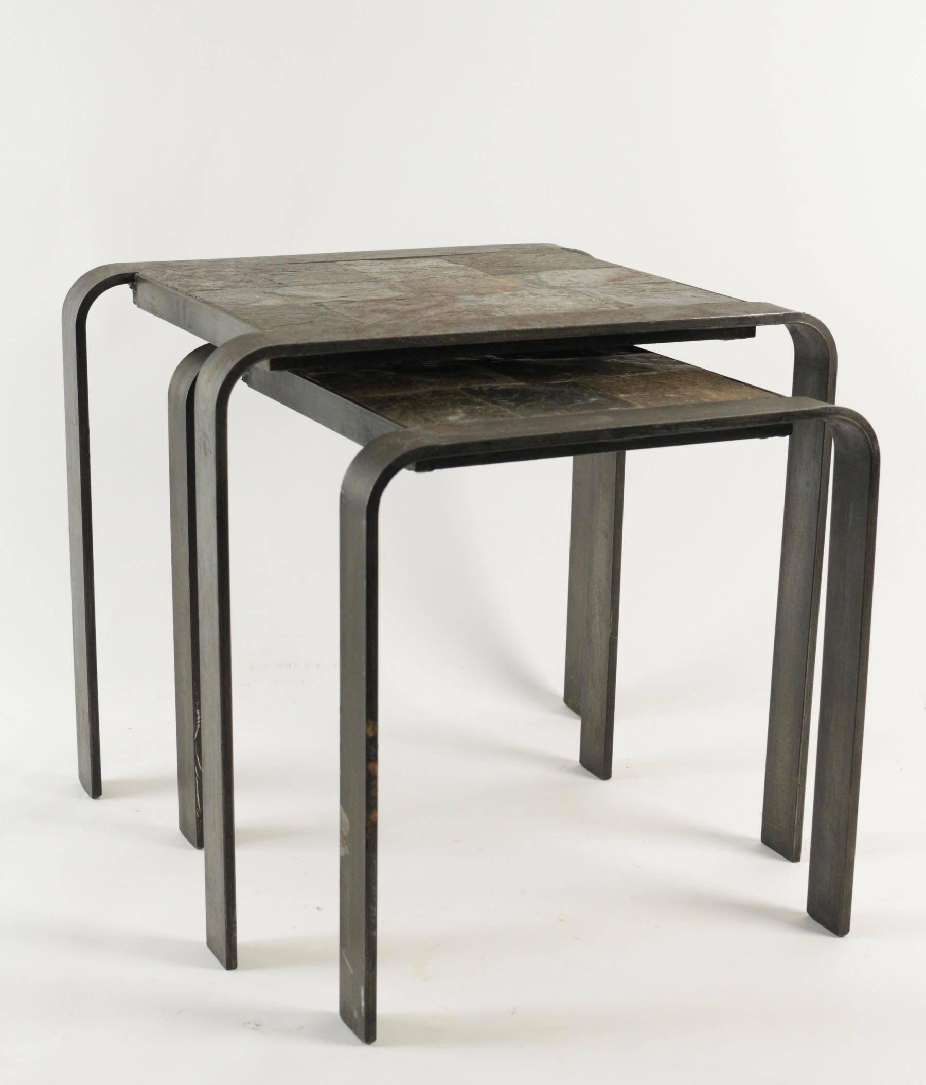 Mid-20th Century Nesting Tables of the 1960s-1970s in Wrought Iron and Slate