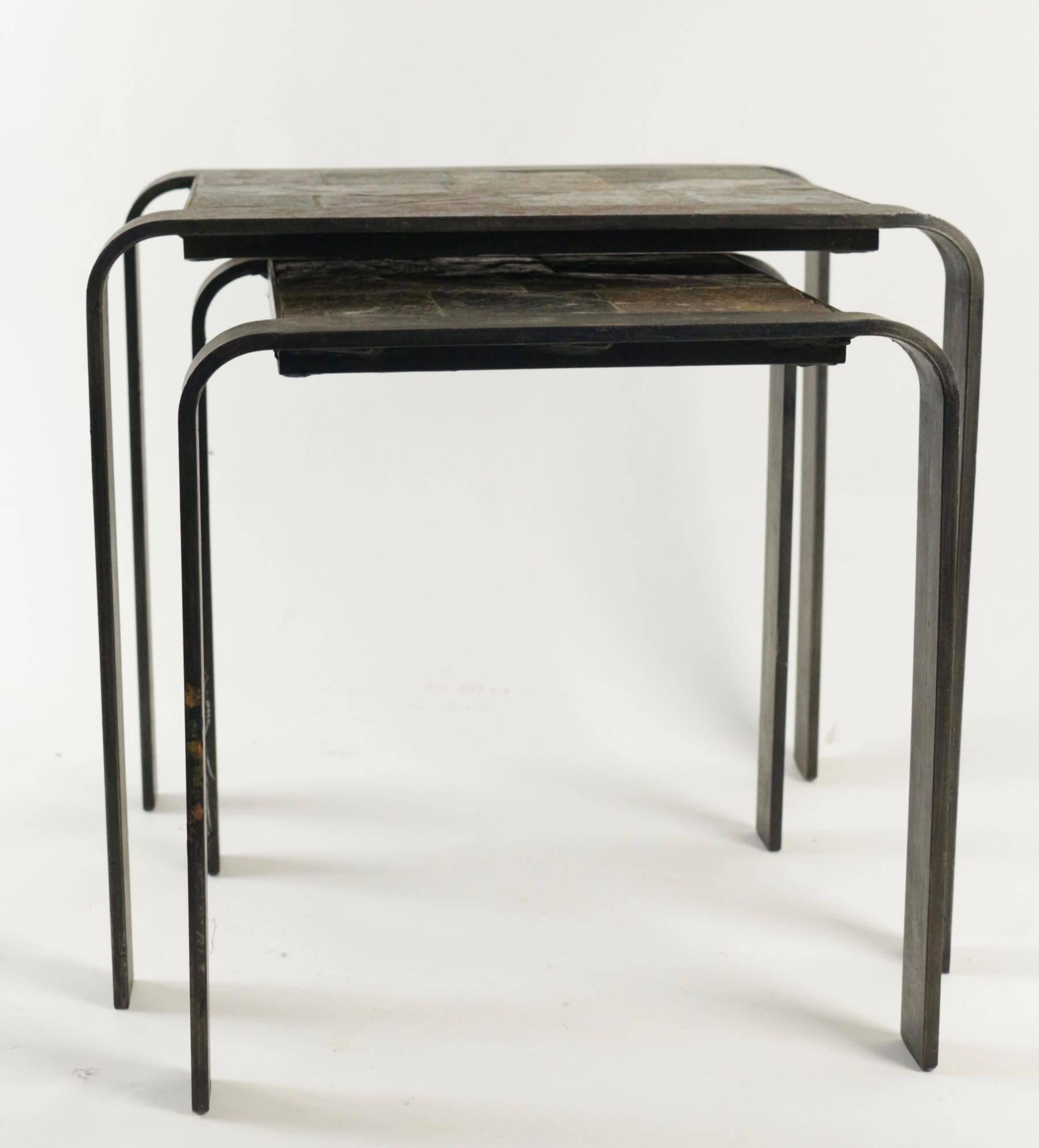 Ceramic Nesting Tables of the 1960s-1970s in Wrought Iron and Slate