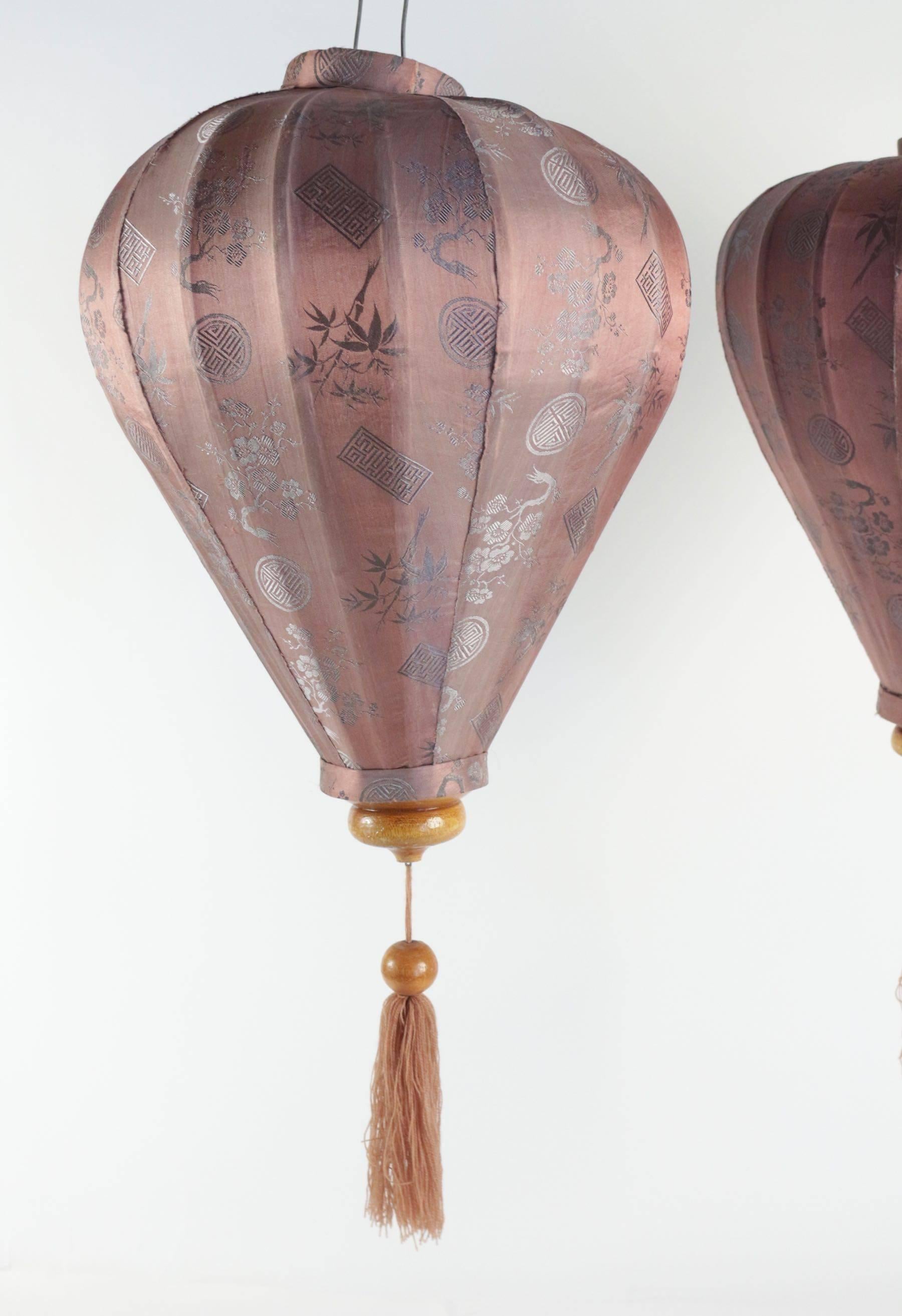 Chinese Export Pair of Antique Asian Lanterns in Silk and Wood