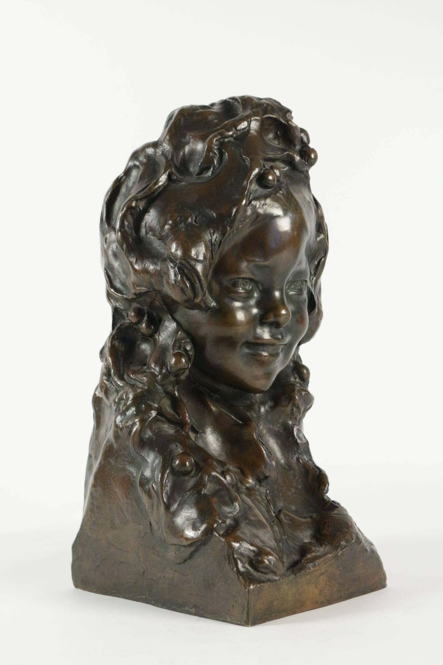Patinated Magnificent Bronze by J. Ortis Representing the Buste of a Little Girl