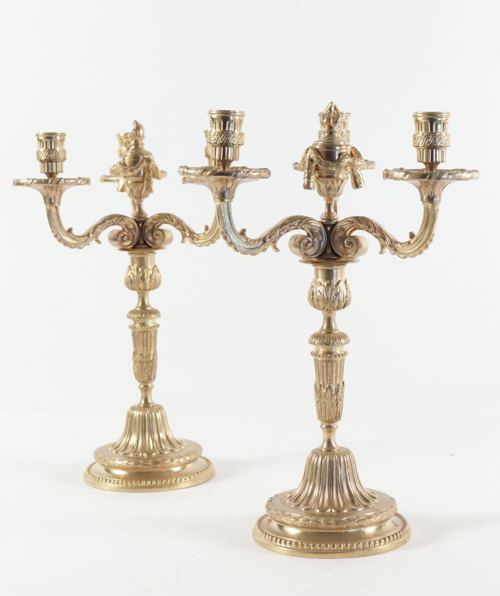 French Pair of Candelabra in the Style of Louis XV in Gold Gilt Bronze, 19th Century
