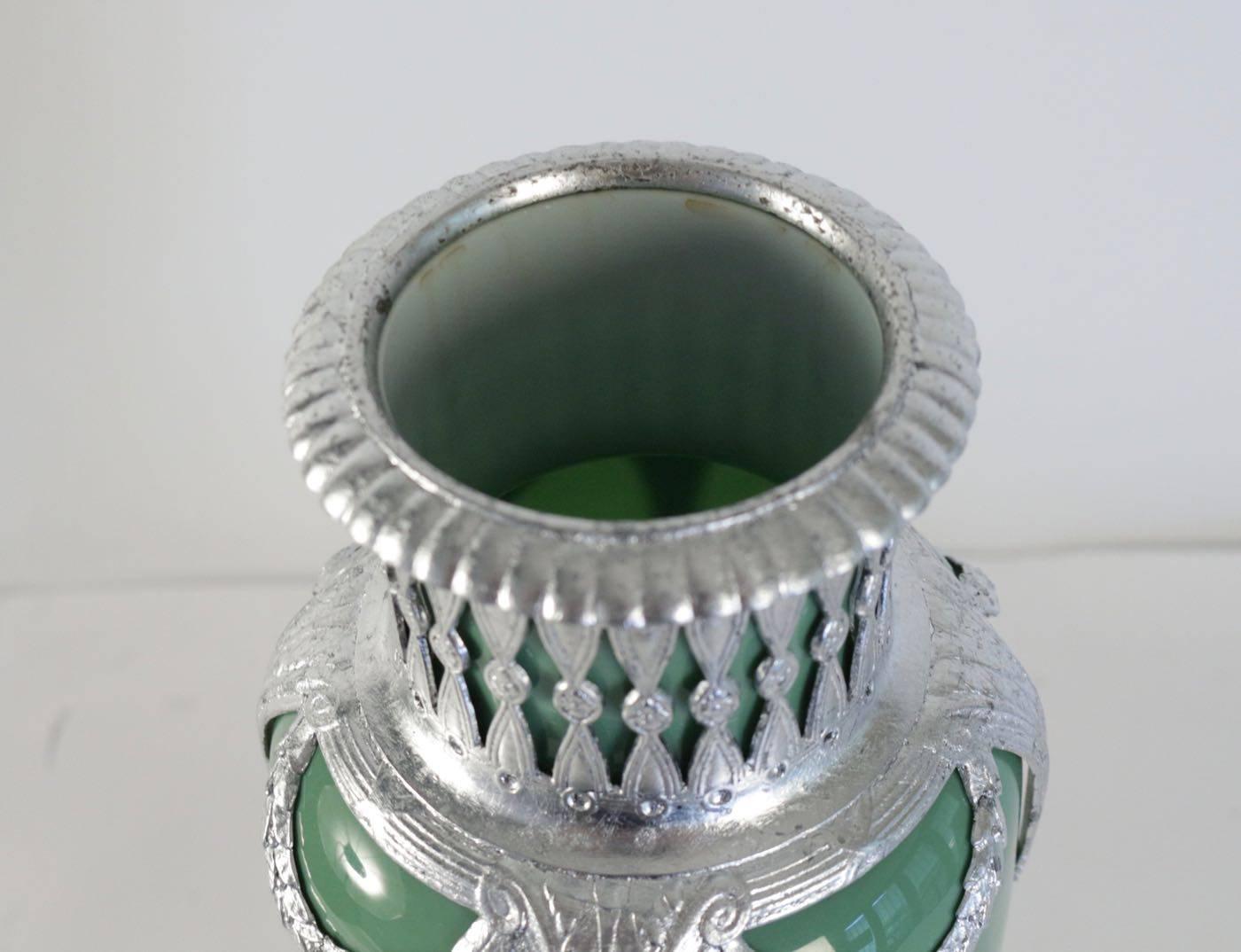 Napoleon III Celadon Vase in Faience, Silver Plate and Silver Leaf, 19th Century Period