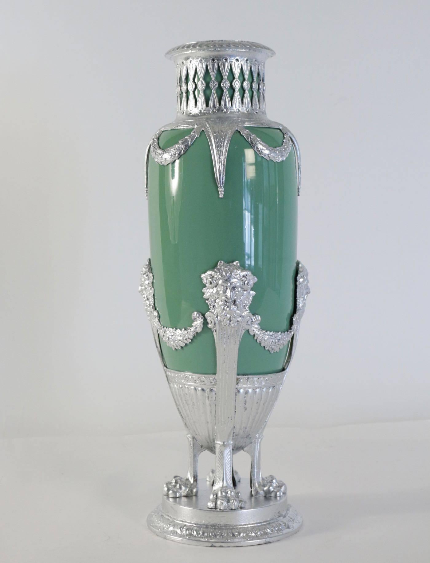 Celadon vase in faience with silver plate and silver leaf, 19th century period Napoleon III.
 
