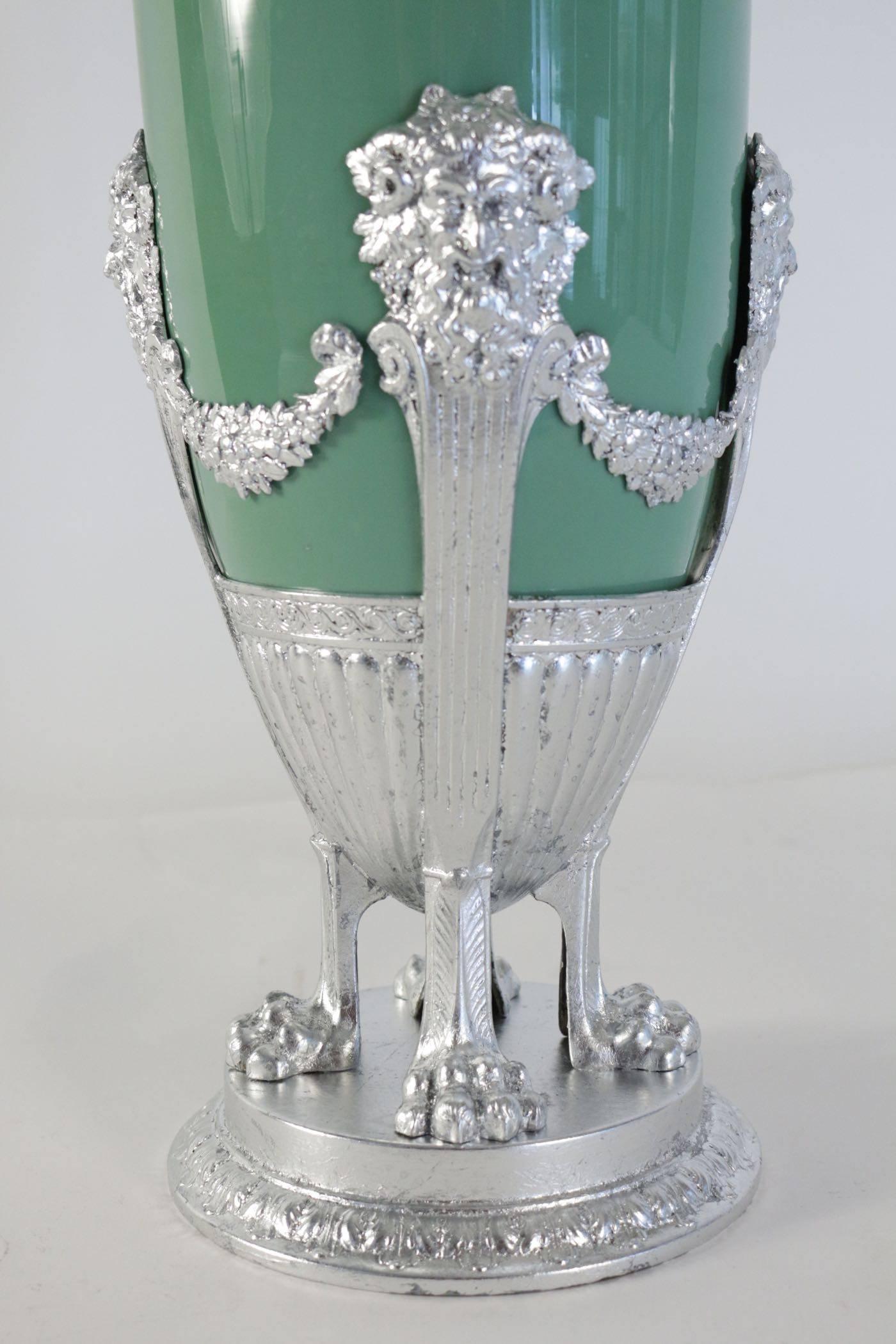 French Celadon Vase in Faience, Silver Plate and Silver Leaf, 19th Century Period