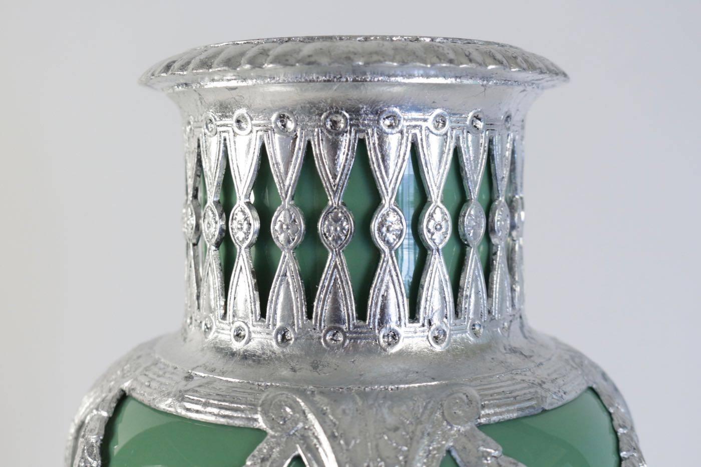 Silvered Celadon Vase in Faience, Silver Plate and Silver Leaf, 19th Century Period
