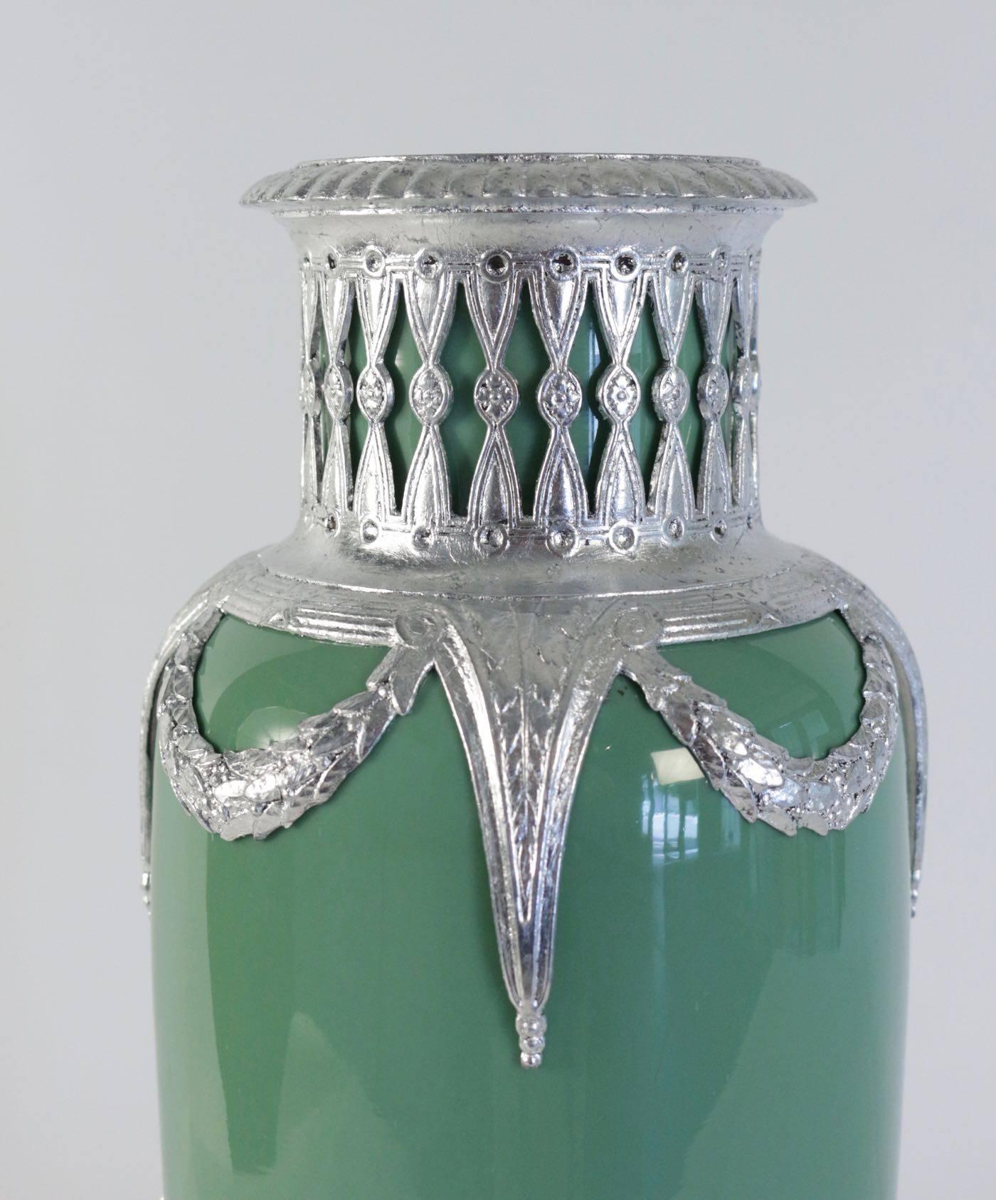 Celadon Vase in Faience, Silver Plate and Silver Leaf, 19th Century Period 1