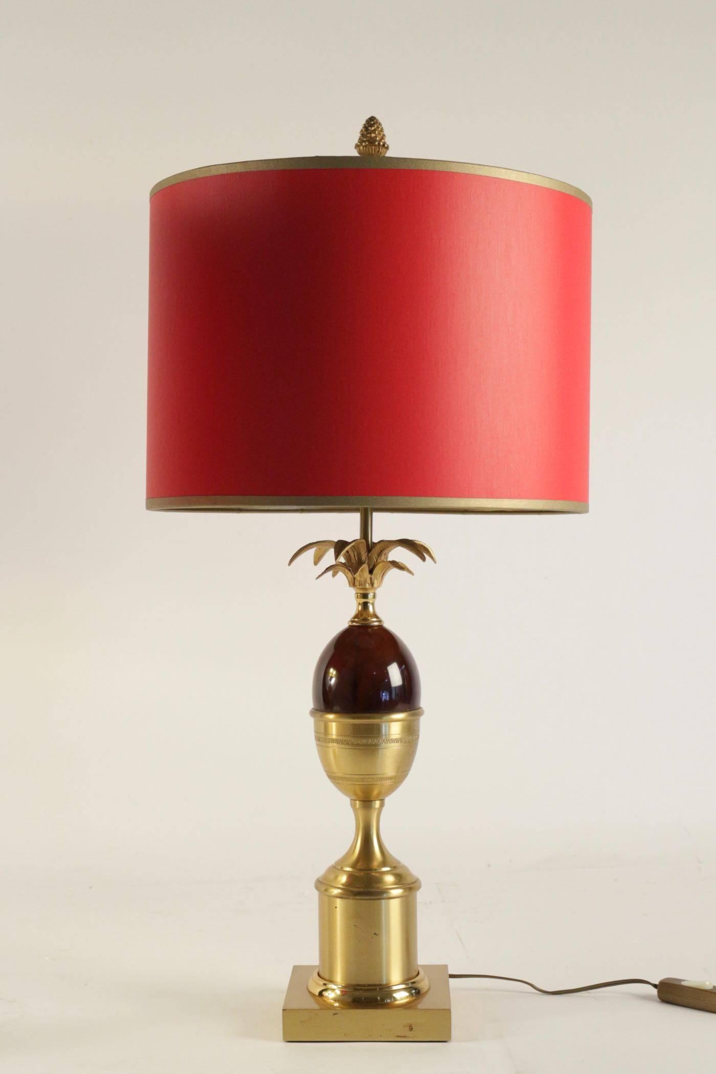 Modern Pair of Lamps, 1960s, Brass and Resin of Red Color in the Taste of Charles
