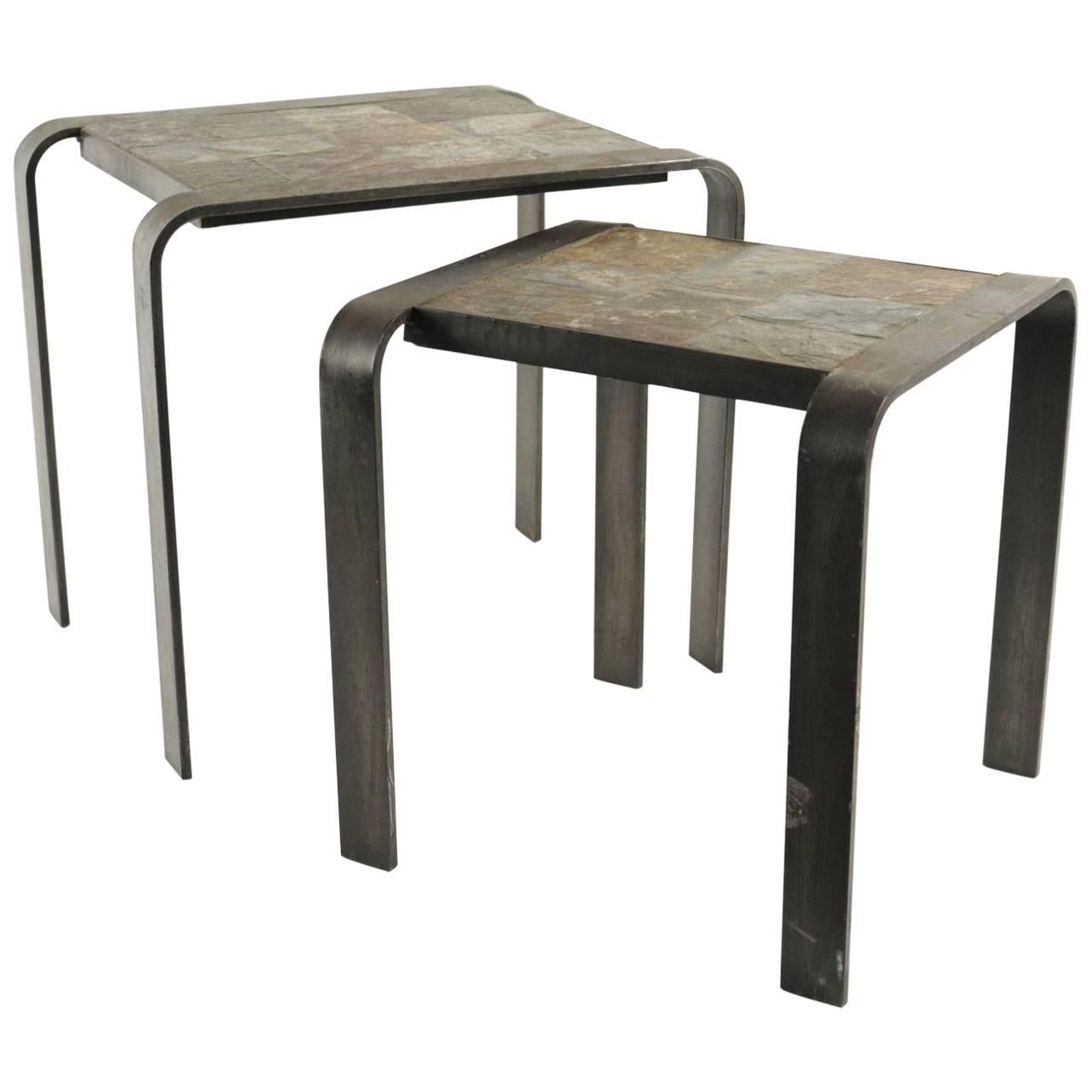 Nesting Tables of the 1960s-1970s in Wrought Iron and Slate For Sale