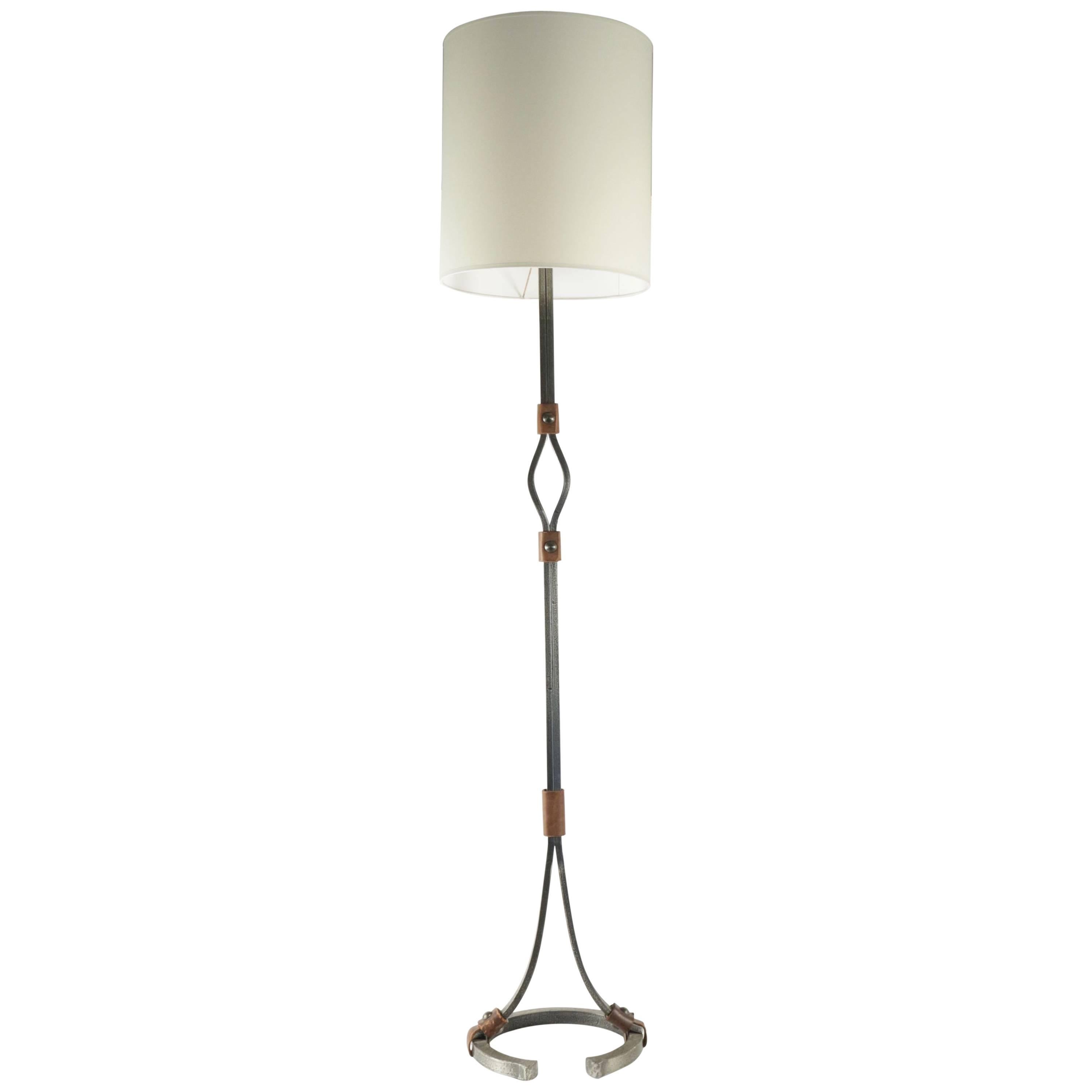 Floor Lamp from the 1960s in Wrought Iron and Leather For Sale