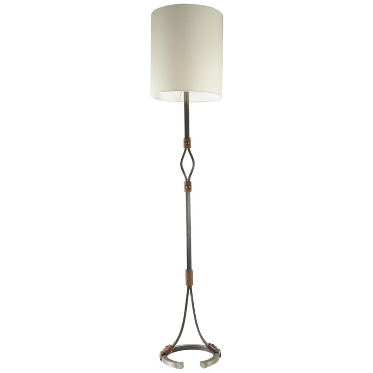Floor Lamp from the 1960s in Wrought Iron and Leather For Sale at 1stDibs