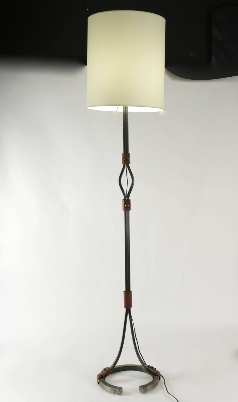 Floor Lamp from the 1960s in Wrought Iron and Leather For Sale at 1stDibs