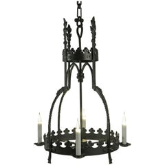 Antique Hanging Lamp in the Gothic Style in Wrought Iron, Beginning of the 20th Century