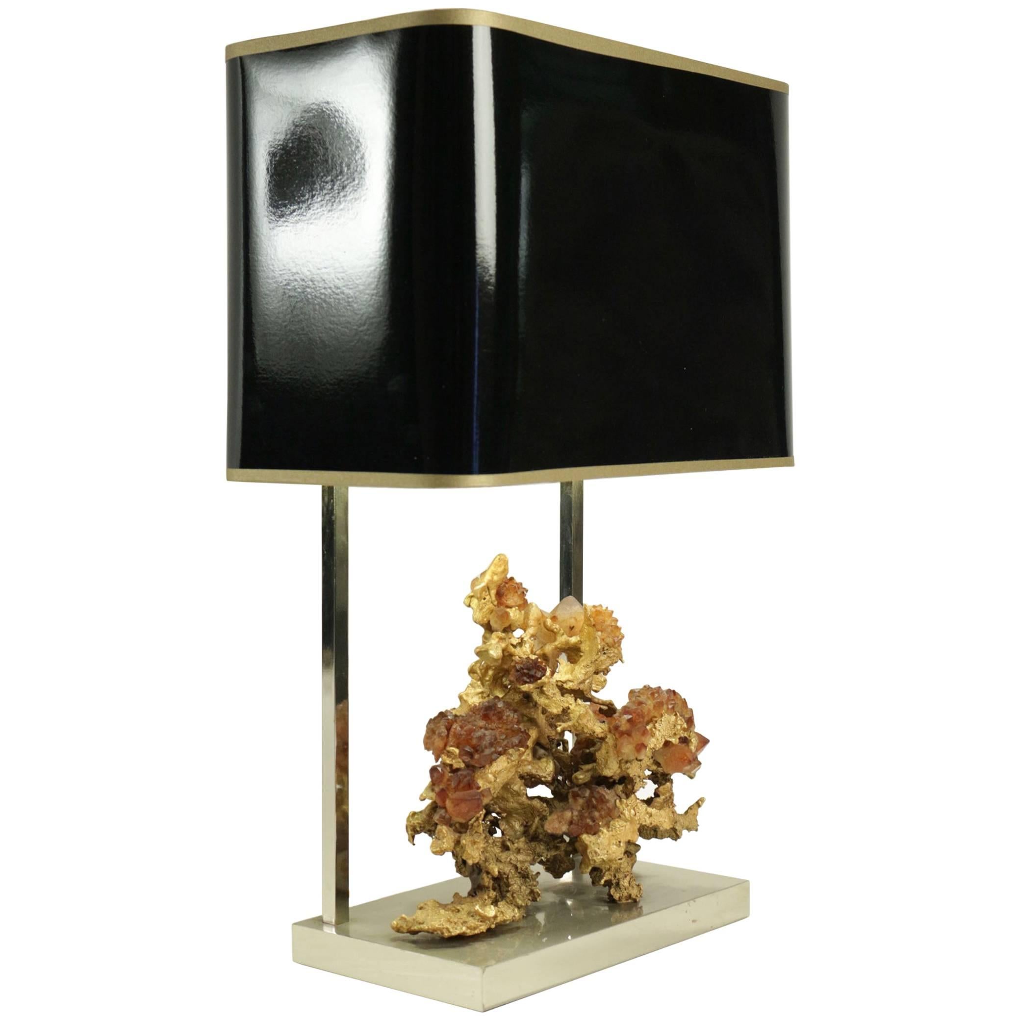 Gold Gilt Bronze Lamp with Rock Crystal from the 1970s For Sale