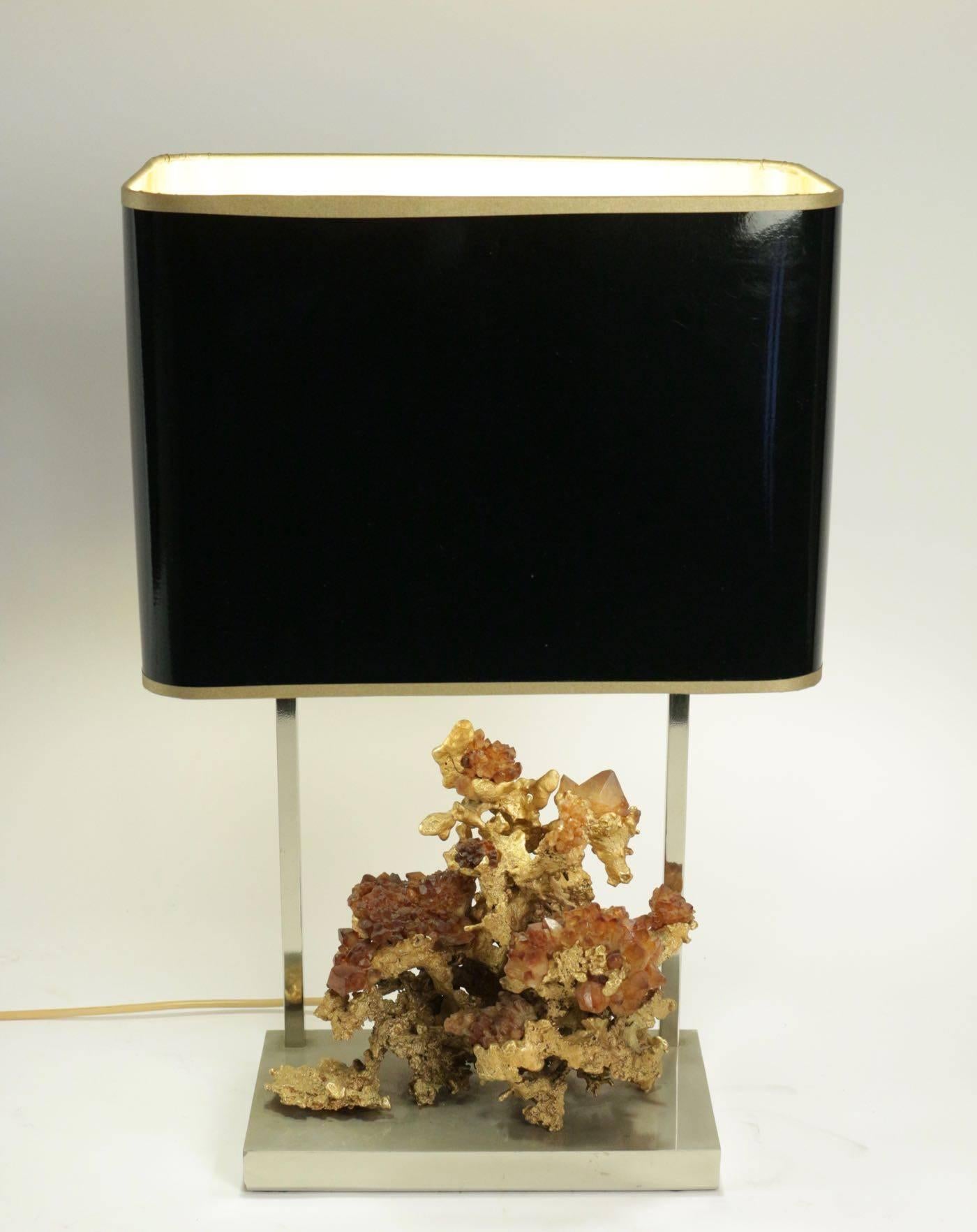Mid-Century Modern Gold Gilt Bronze Lamp with Rock Crystal from the 1970s For Sale