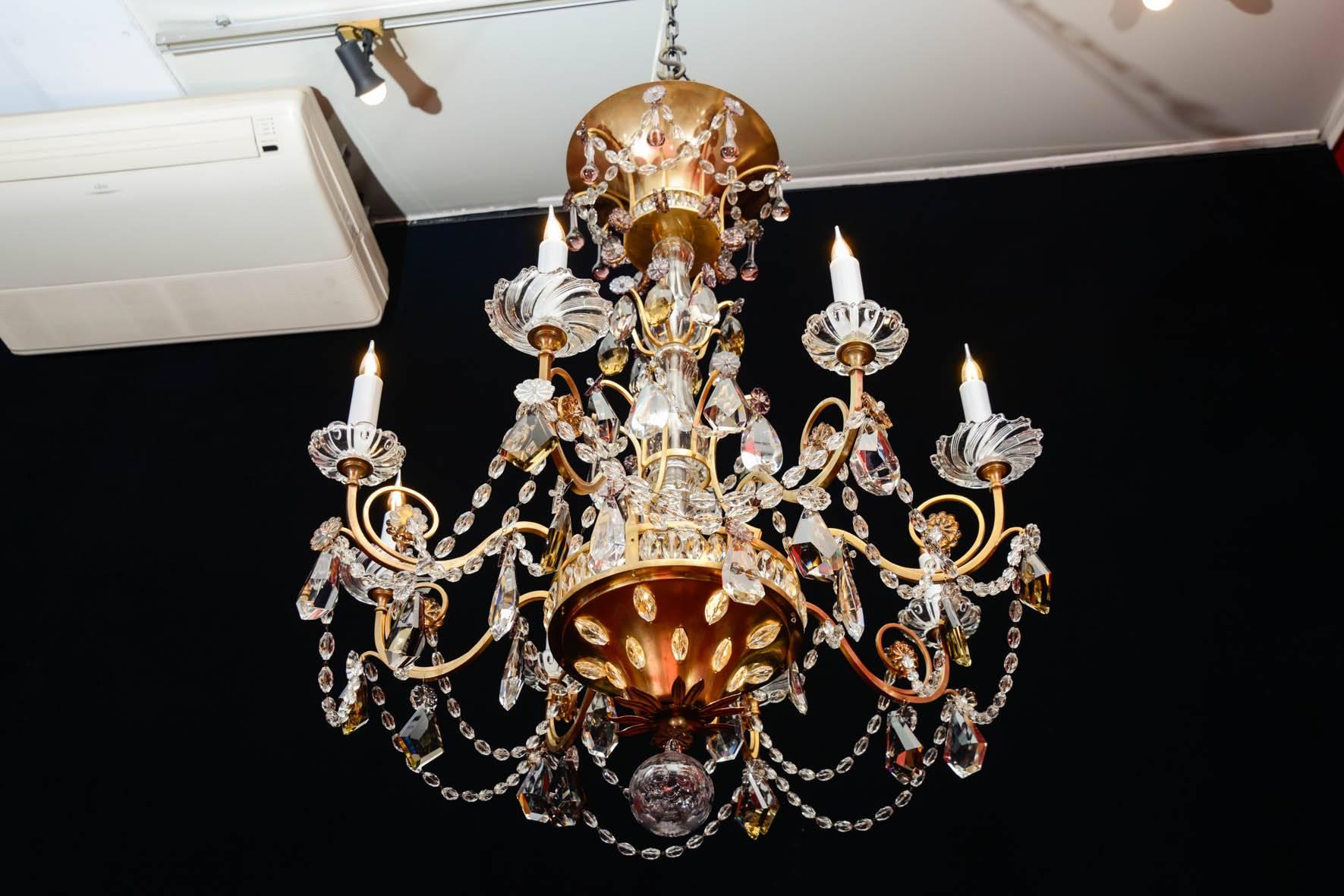 Chandelier, 1940, 12 lights, crystal, highly decorative with candlesticks in opaline glass.
 