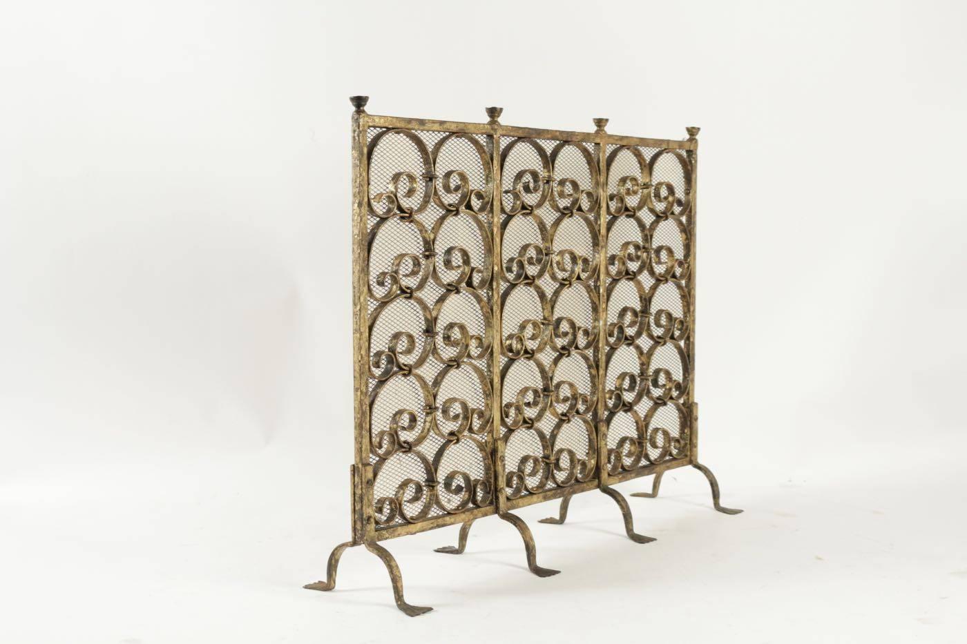 French Fireplace Screen in Gold Gilded Wrought Iron