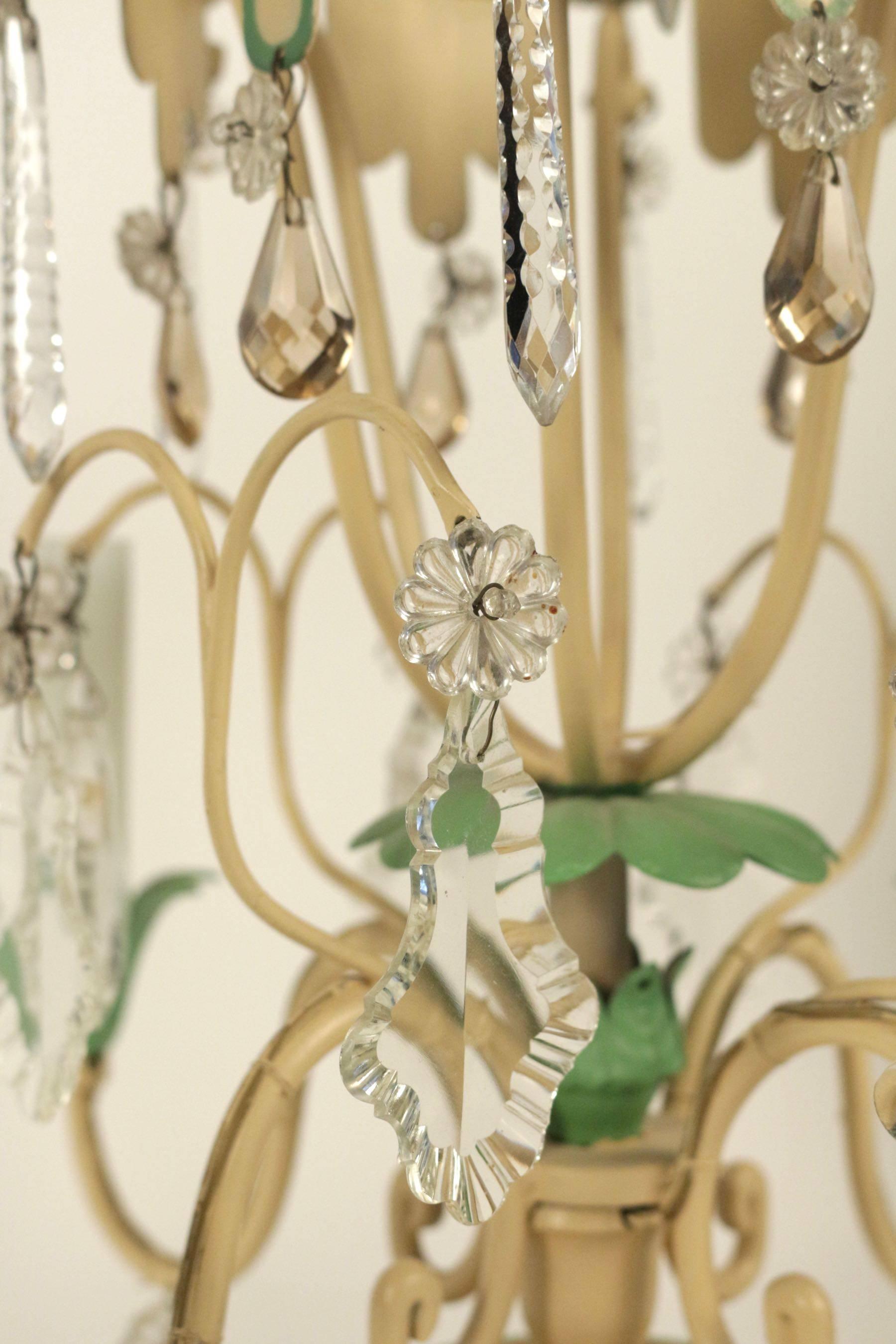 Mid-20th Century Very Pretty Small Chandelier from the 1950s in Painted Metals and Crystal