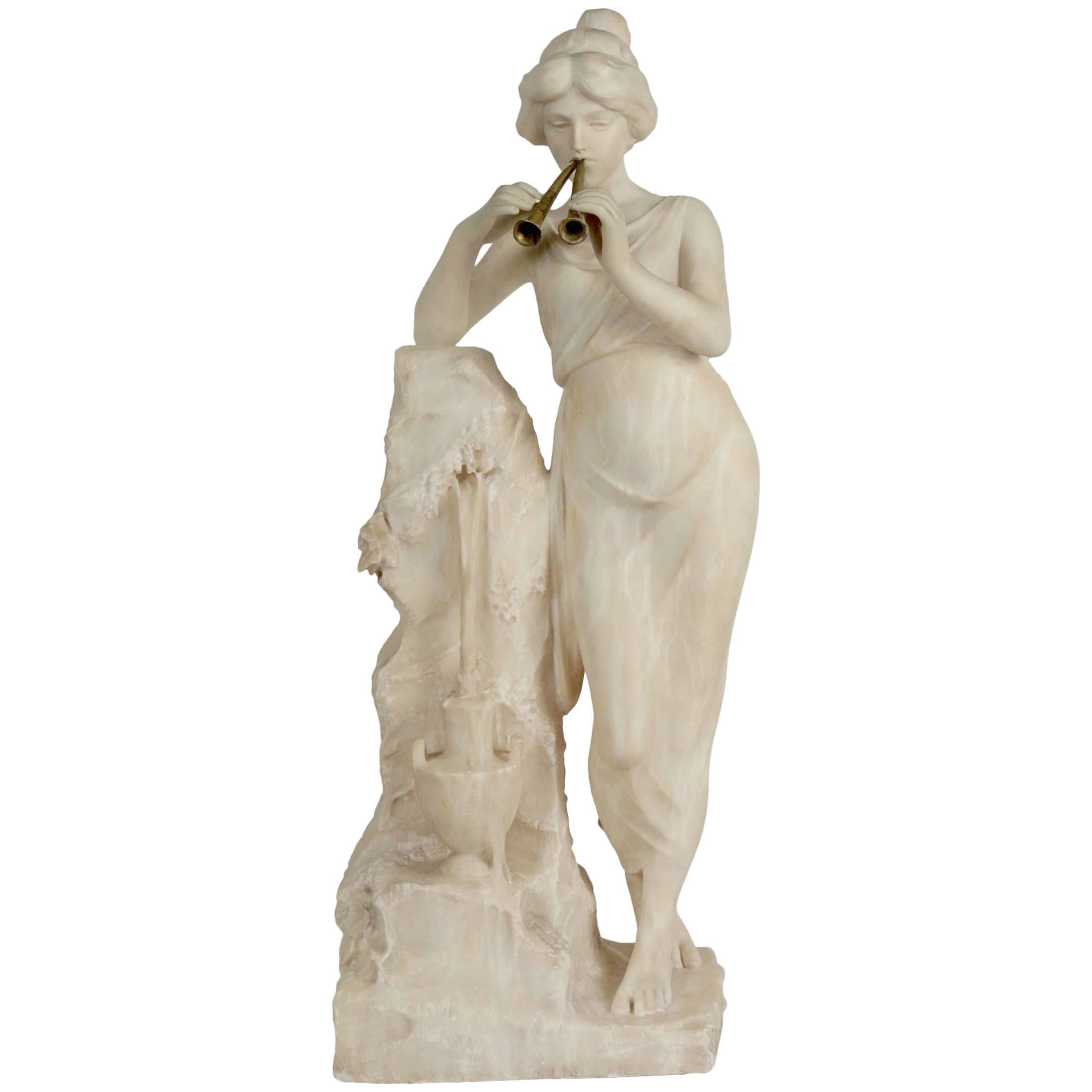 Alabaster, 19th Century, Woman with a Flute Beside the Fountain, Bronze Flute For Sale