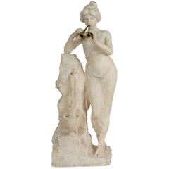 Antique Alabaster, 19th Century, Woman with a Flute Beside the Fountain, Bronze Flute