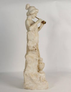 Alabaster, 19th Century, Woman with a Flute Beside the Fountain, Bronze Flute