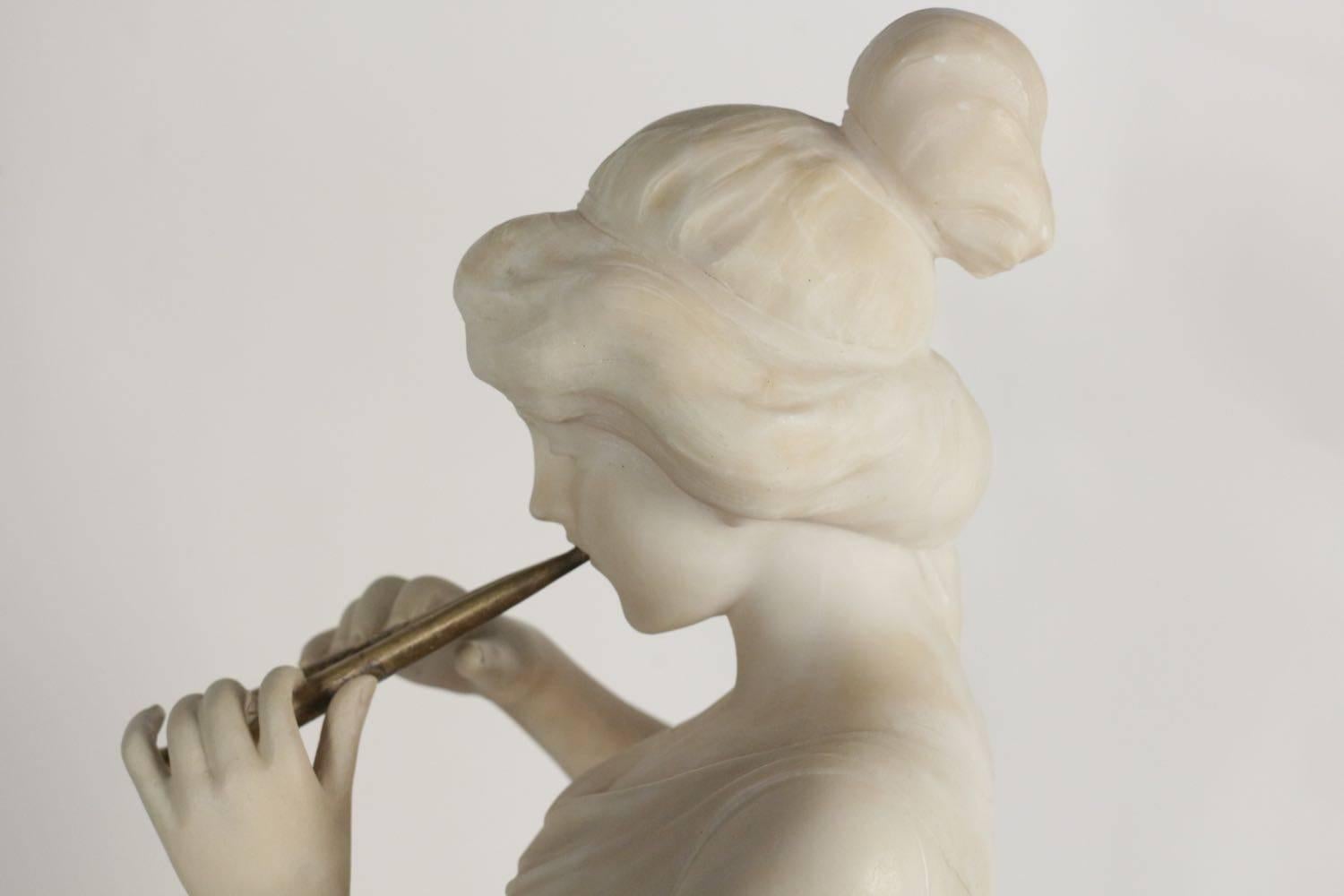 Gilt Alabaster, 19th Century, Woman with a Flute Beside the Fountain, Bronze Flute For Sale