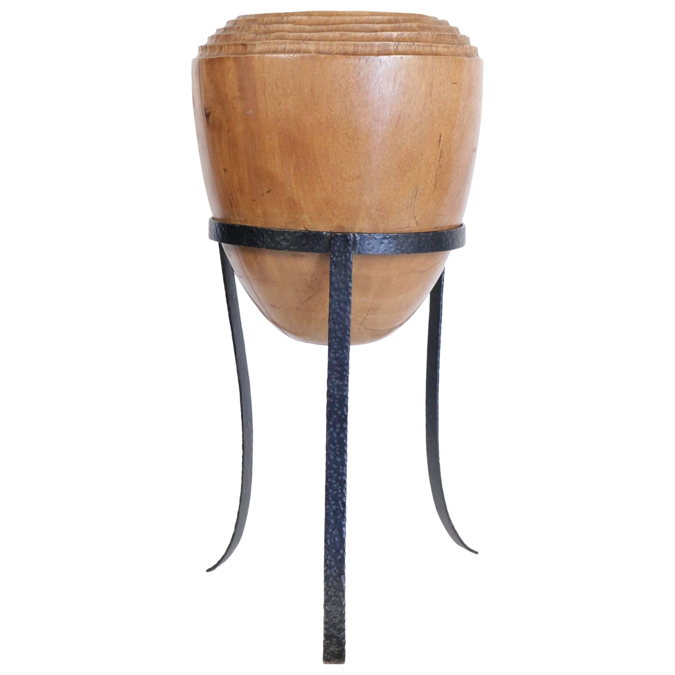 Large Mid-Century Modern Decorative Pot in Solid Wood in the Form of an Olive