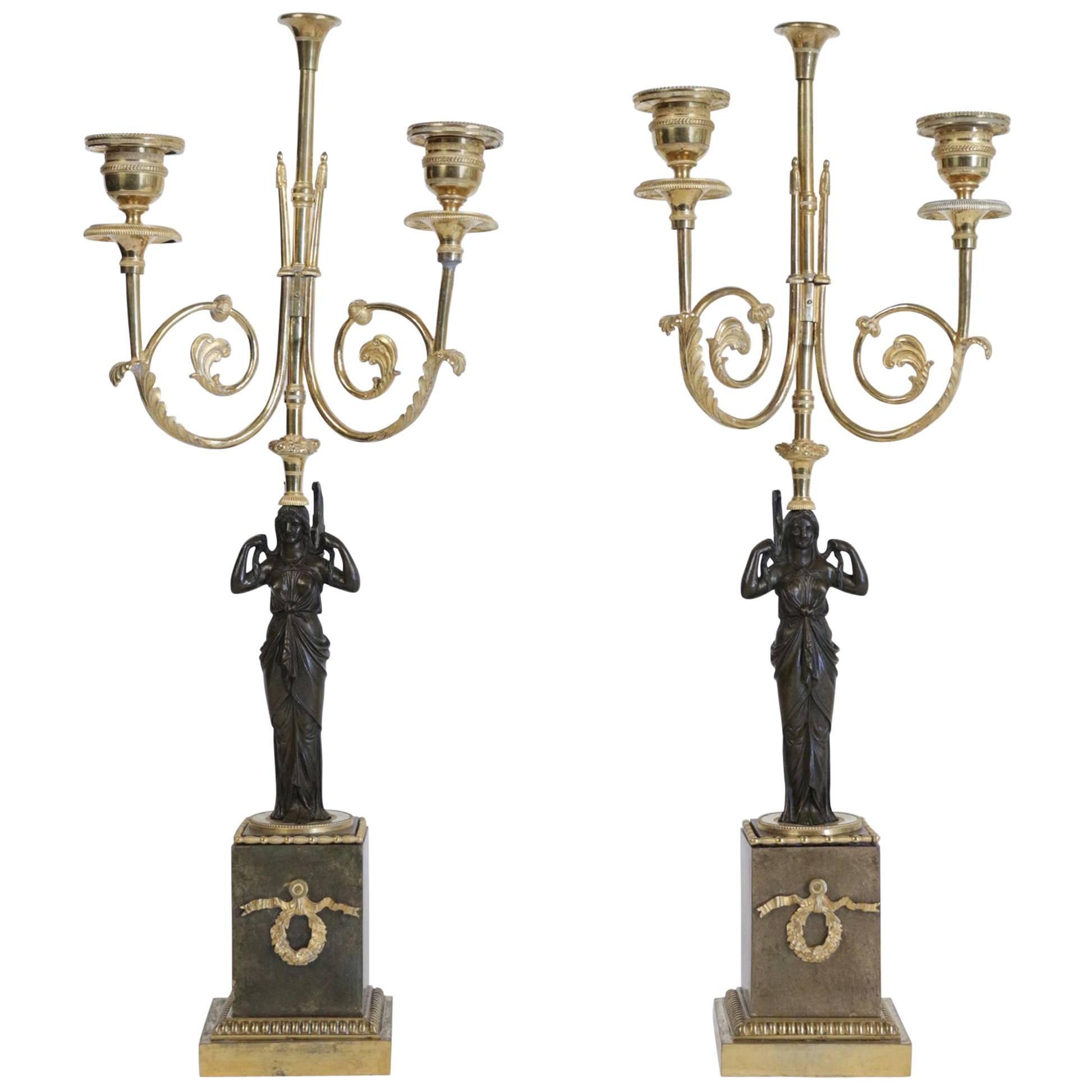 Pair of 18th Century Bronze Candlesticks in Gold Gilt with Marble Base