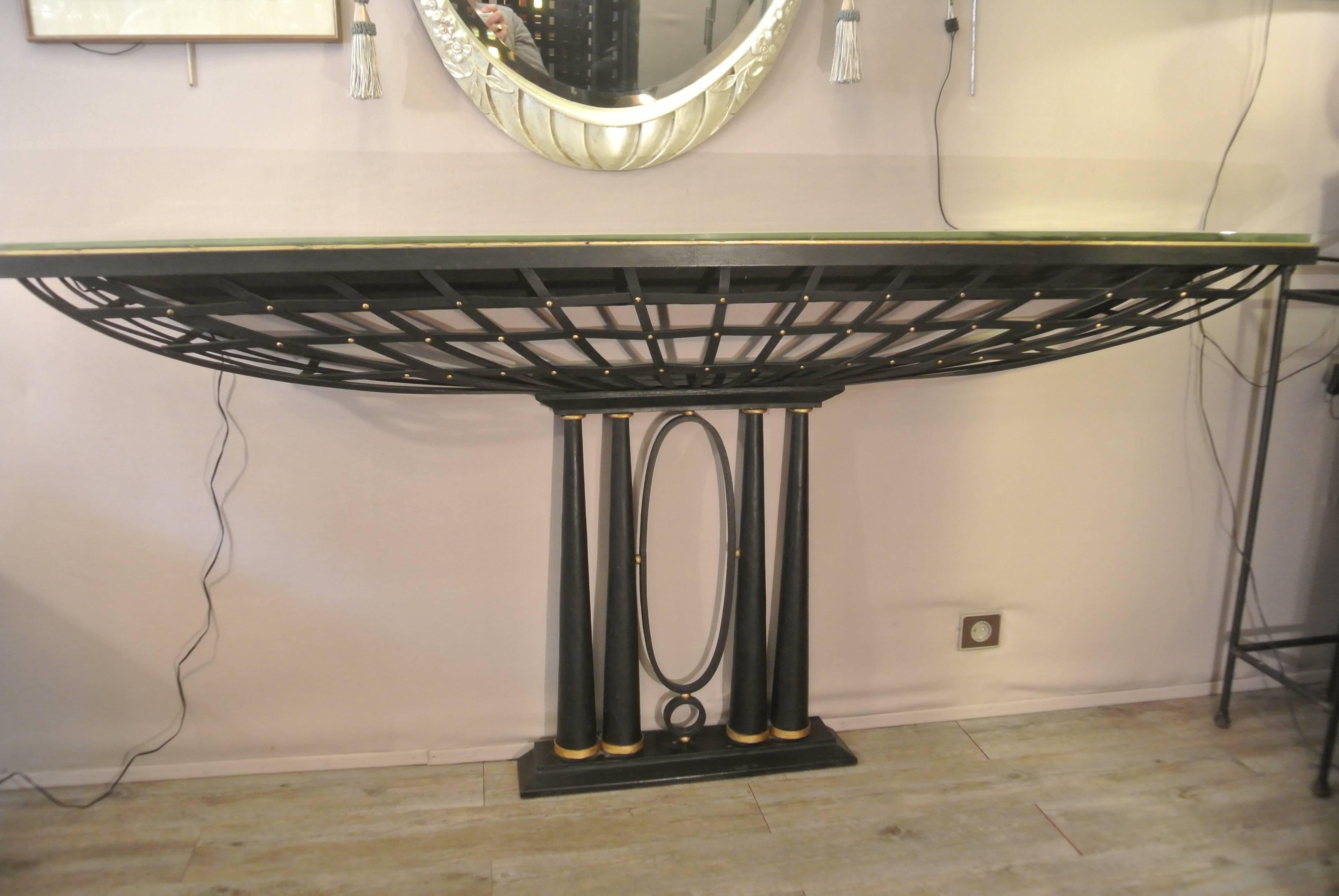 Painted Important French Console in Black Wrought Iron and Gold For Sale