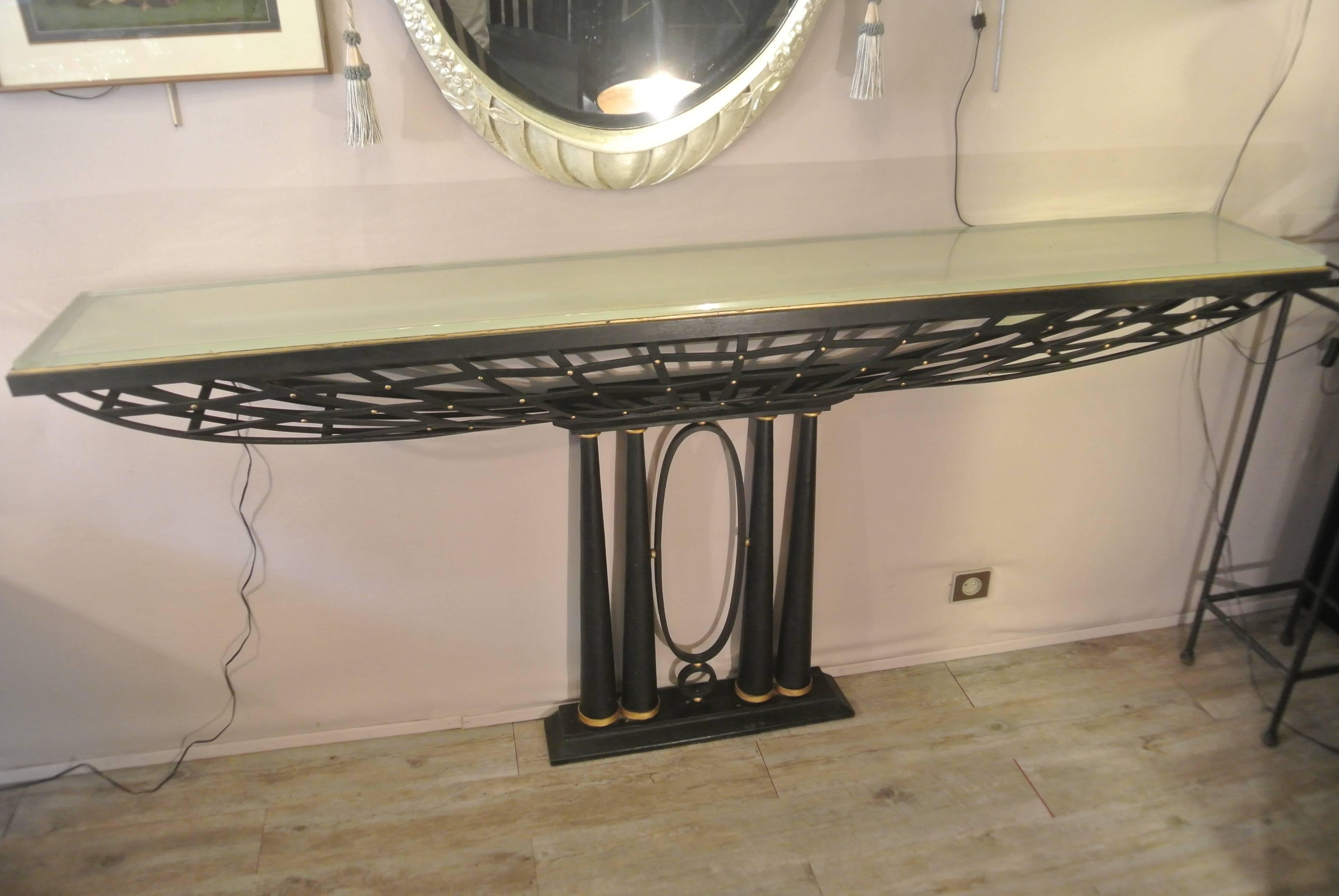 Mid-20th Century Important French Console in Black Wrought Iron and Gold For Sale