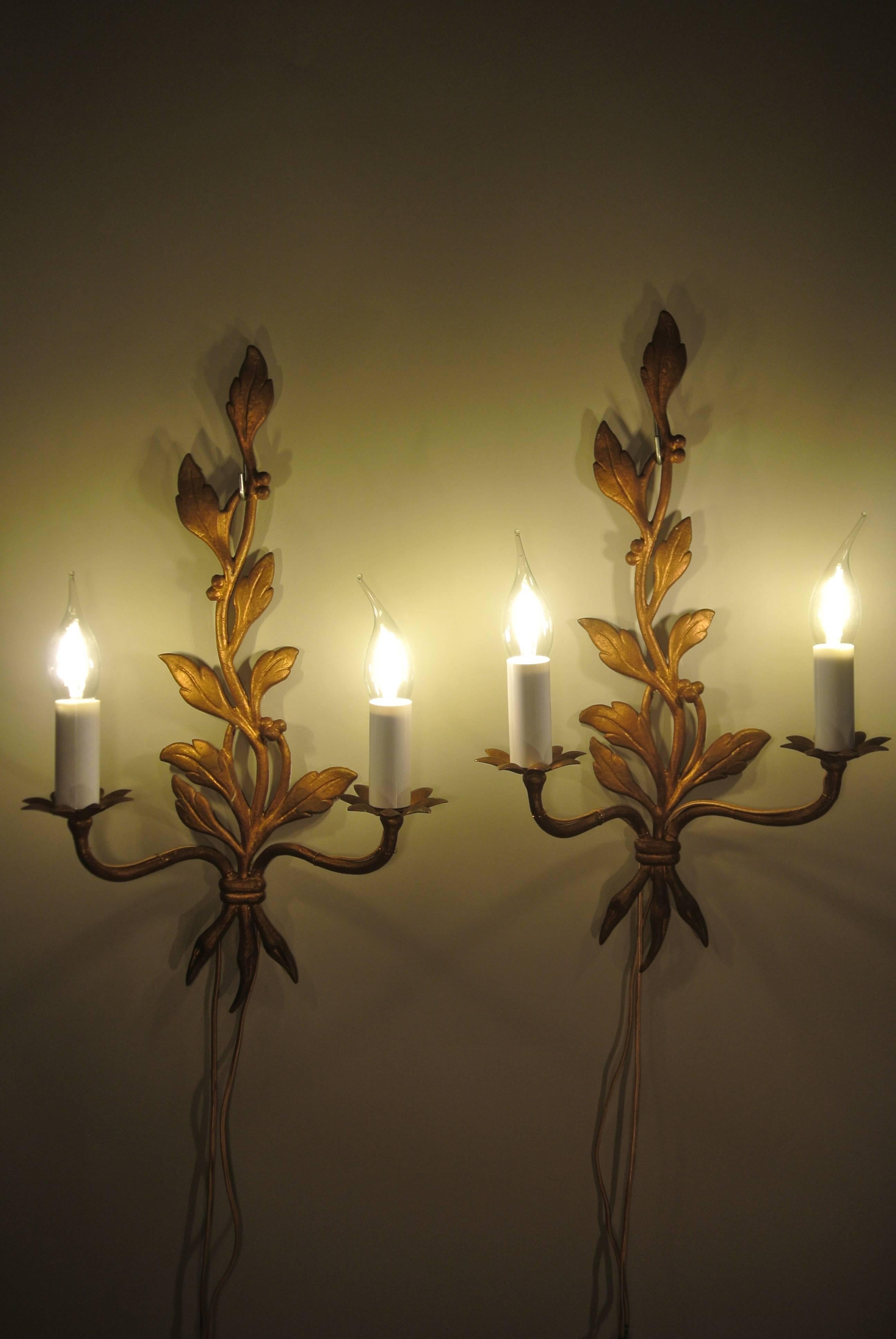 French Pair of Mid-Century Modern Gold Gilt Bronze Sconces in a Leaf Design, circa 1960 For Sale