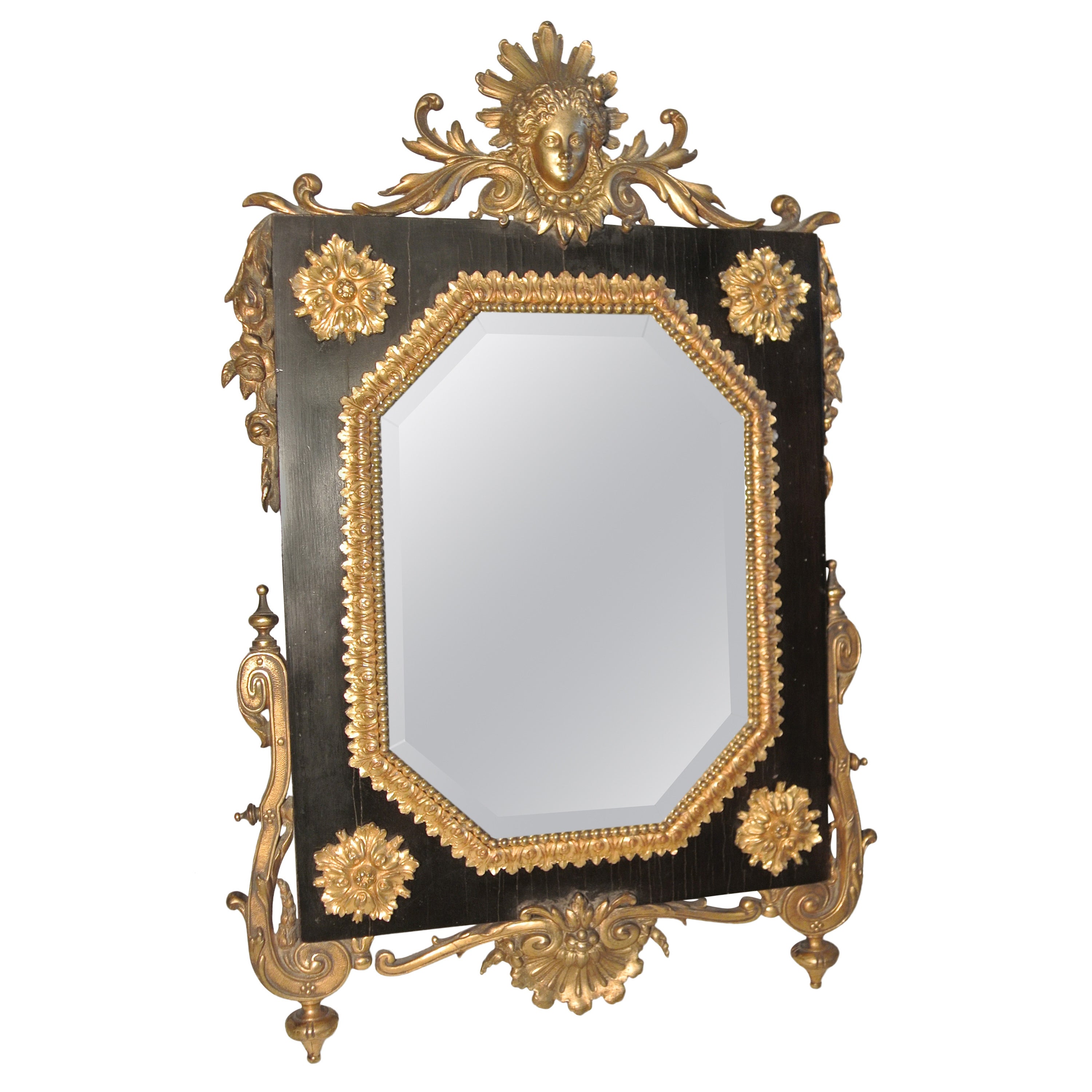 Miroir de table en bronze doré sur ébène, miroir biseauté et bronze doré en vente