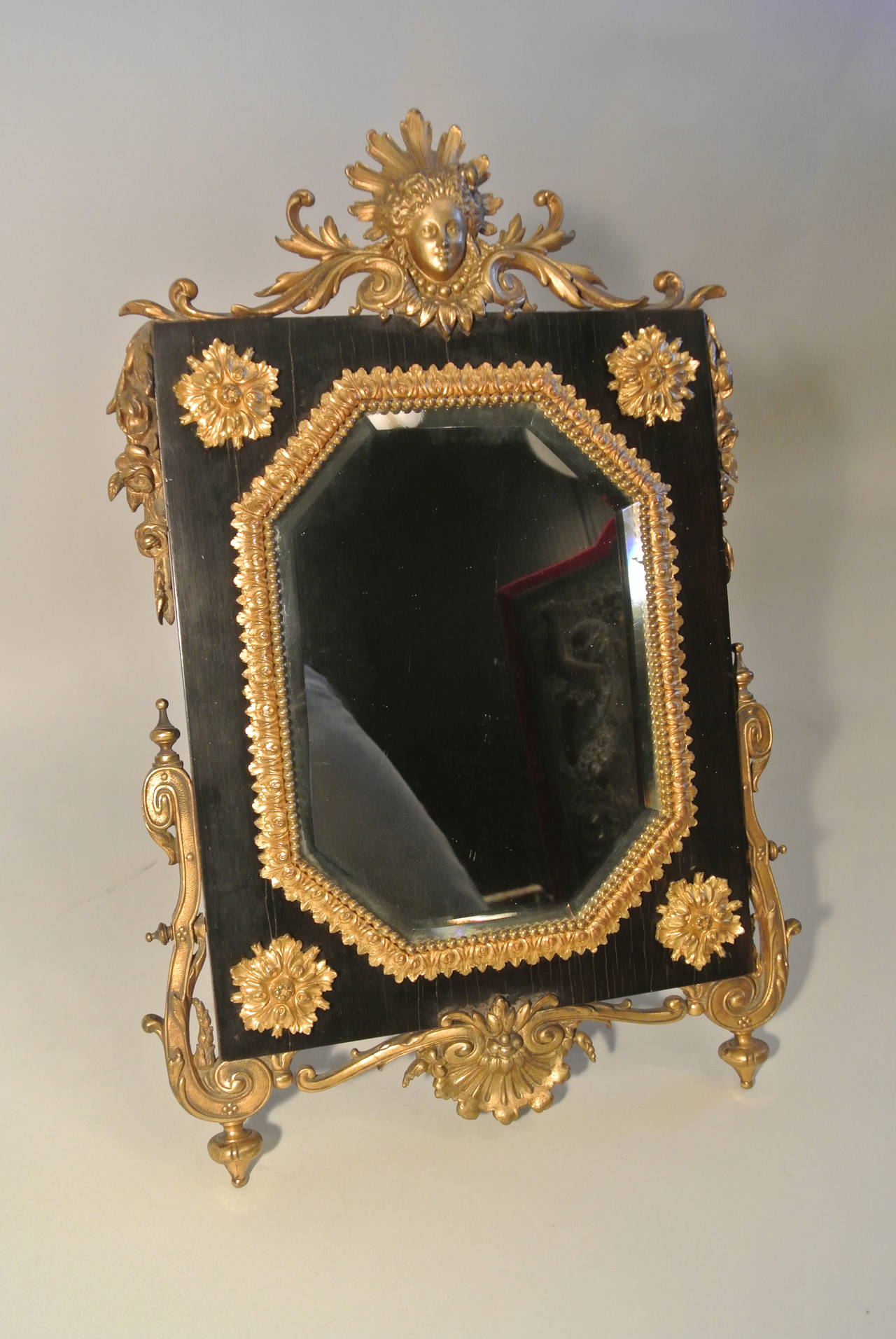 Gilt Table Mirror Ormolu on Ebony, Beveled Mirror and Gilded Bronze For Sale