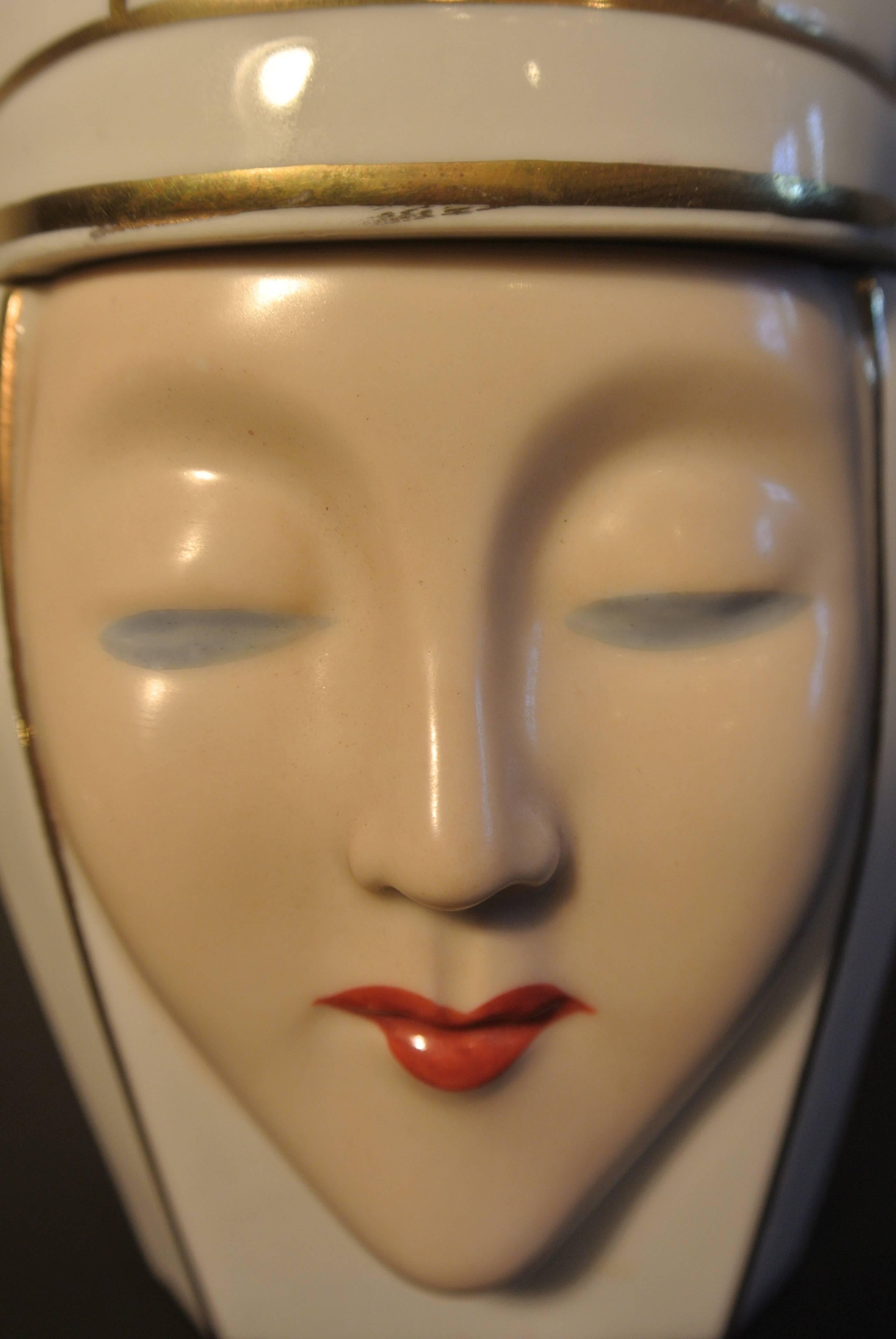 French Rare Porcelain Art Deco Box in the Form of a Jokers Head by ROBJ, circa 1930