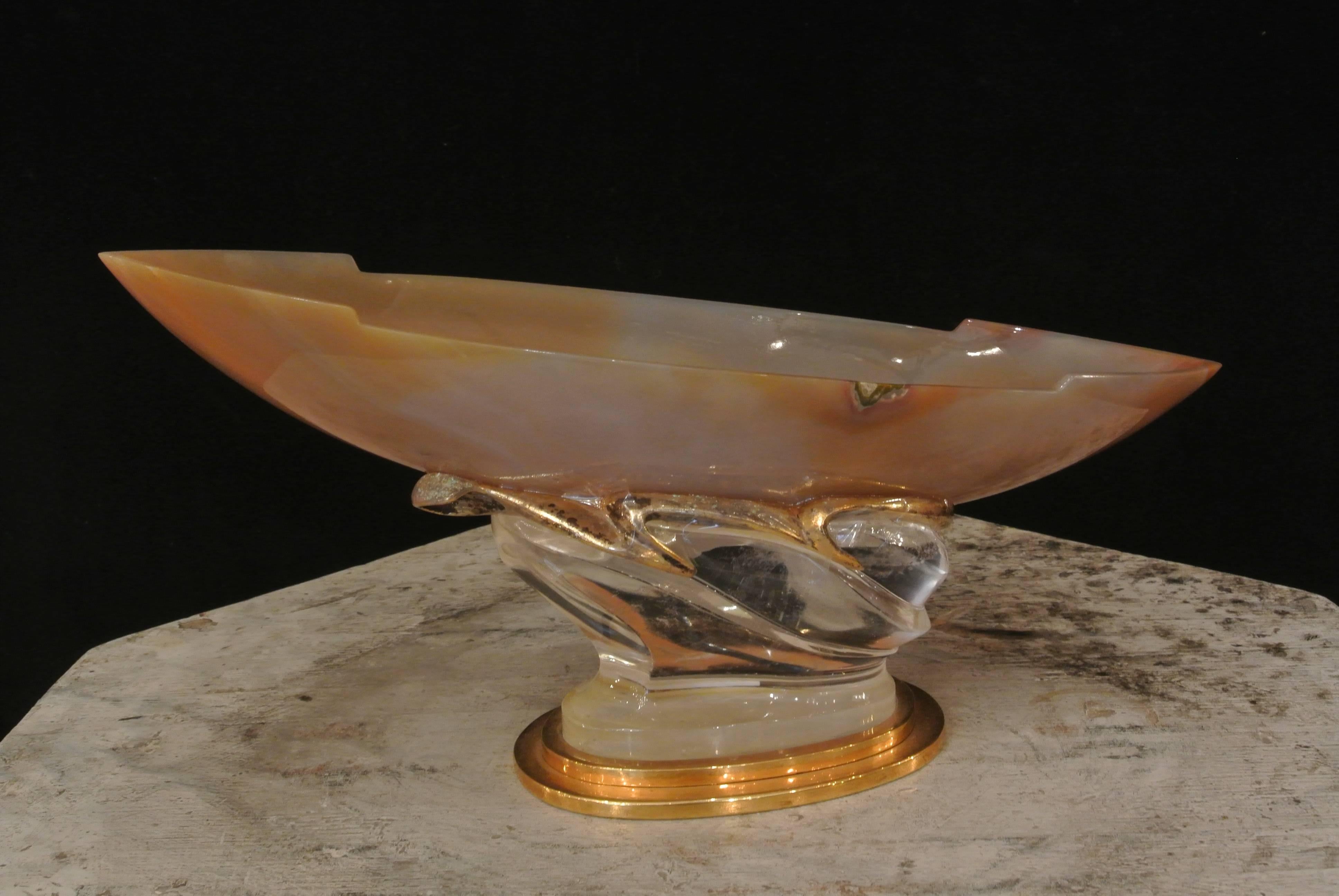 European A Jewelry Bowl in the Form of a Boat on a Wave in Agate and Rock Crystal. C.1930