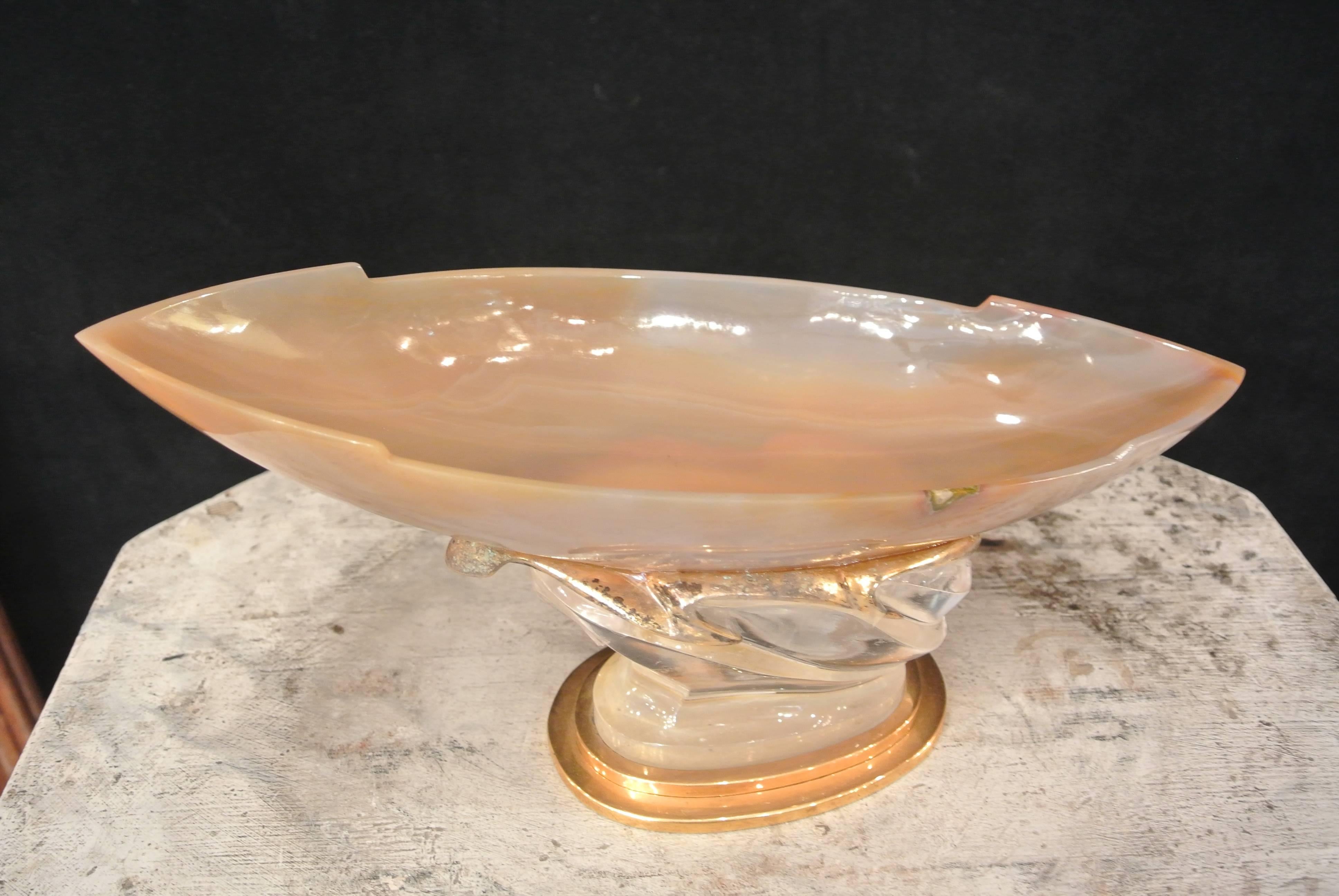 Art Deco A Jewelry Bowl in the Form of a Boat on a Wave in Agate and Rock Crystal. C.1930