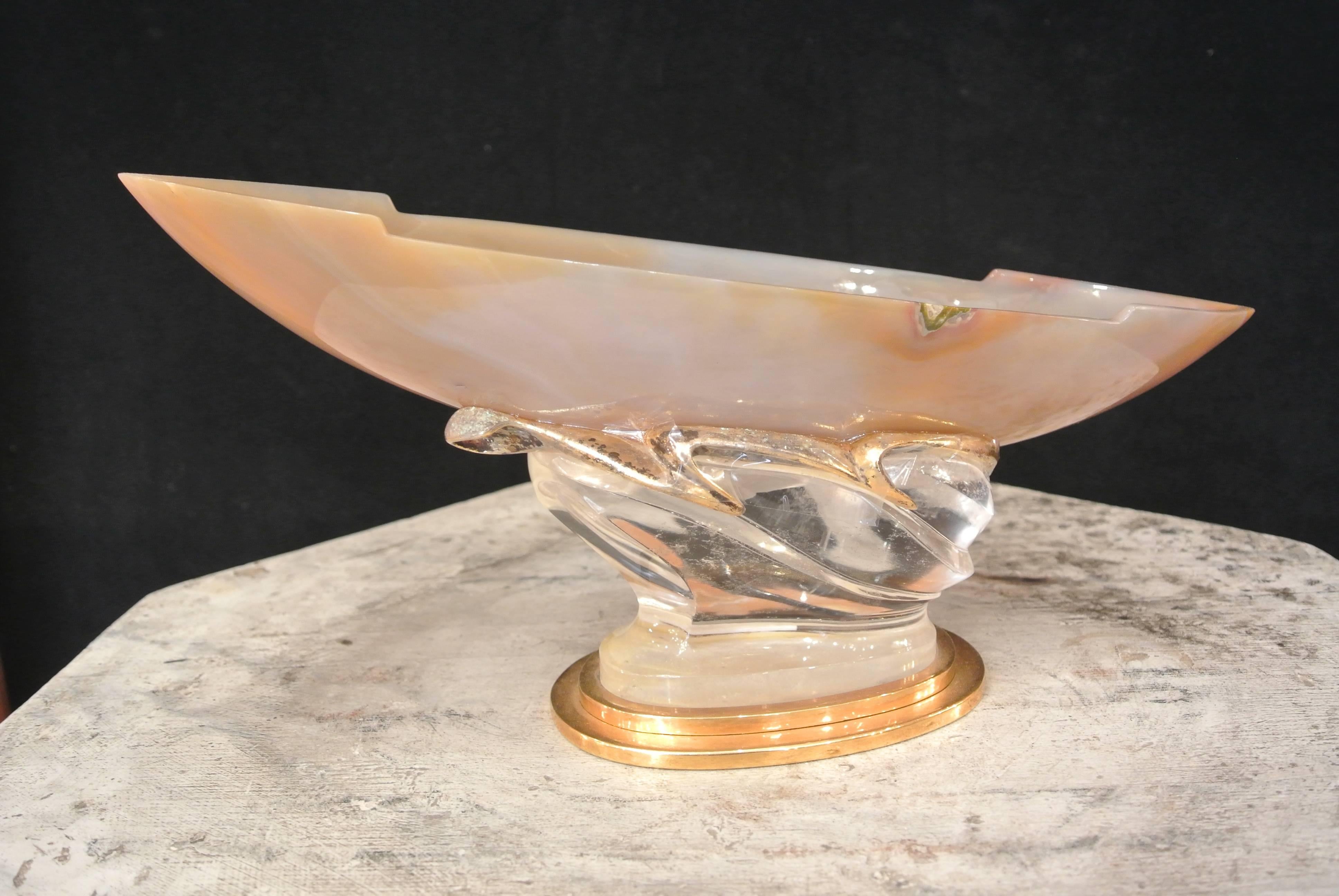 A jewelry bowl in the form of a boat on a wave in agate and rock crystal. C.1930 30cm Long x 15 cm wide x 11cm Tall. 