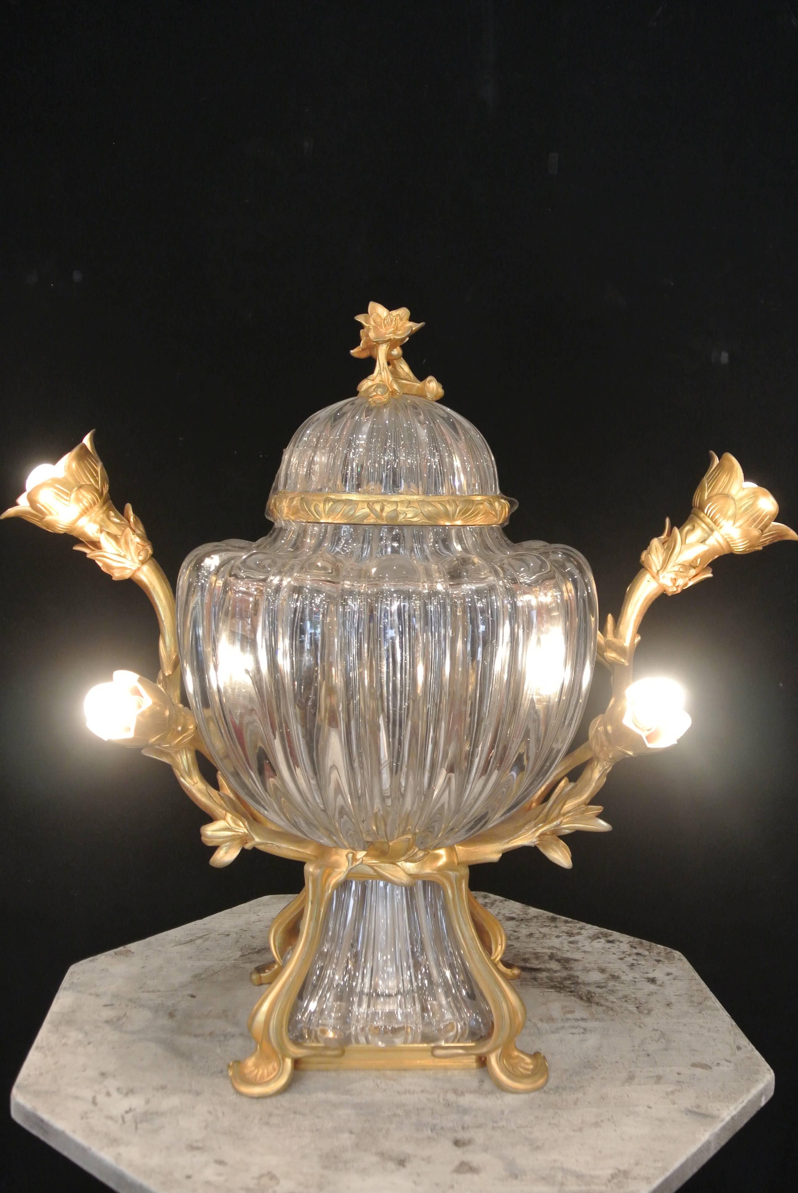 A Fabulous Center Piece of Ribbed Crystal and Gilt Bronze.  1