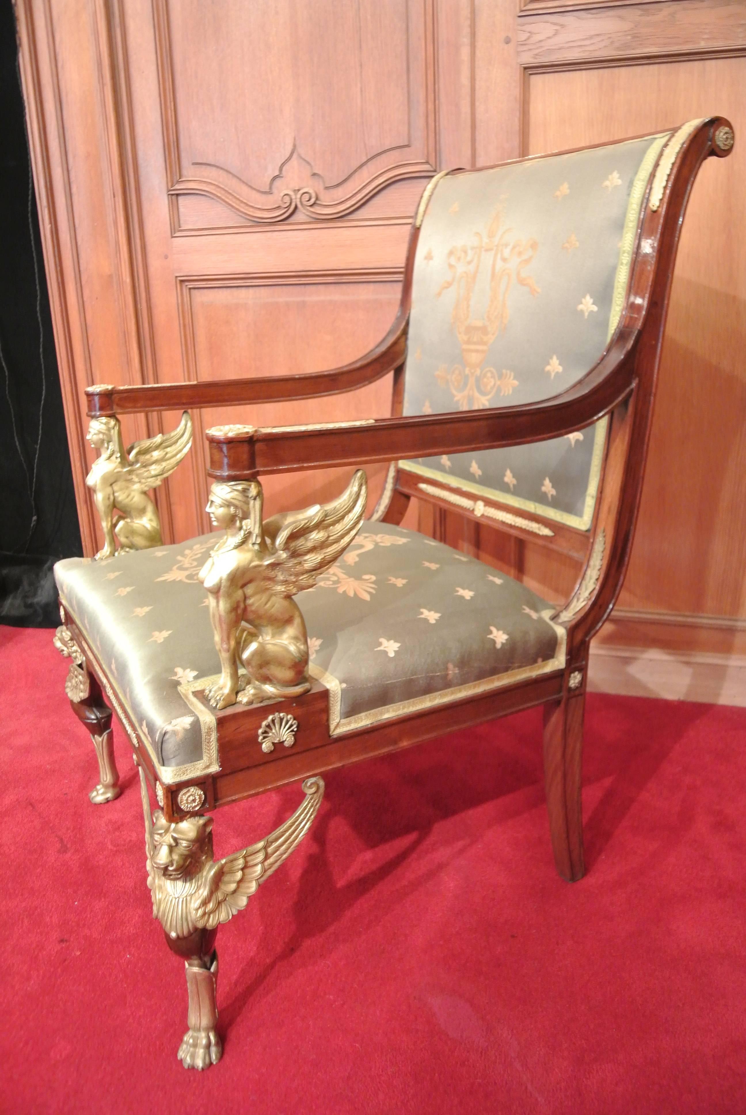Pair of Grand Empire Style Armchairs in Mahogany and Bronze Core In Good Condition In Saint-Ouen, FR