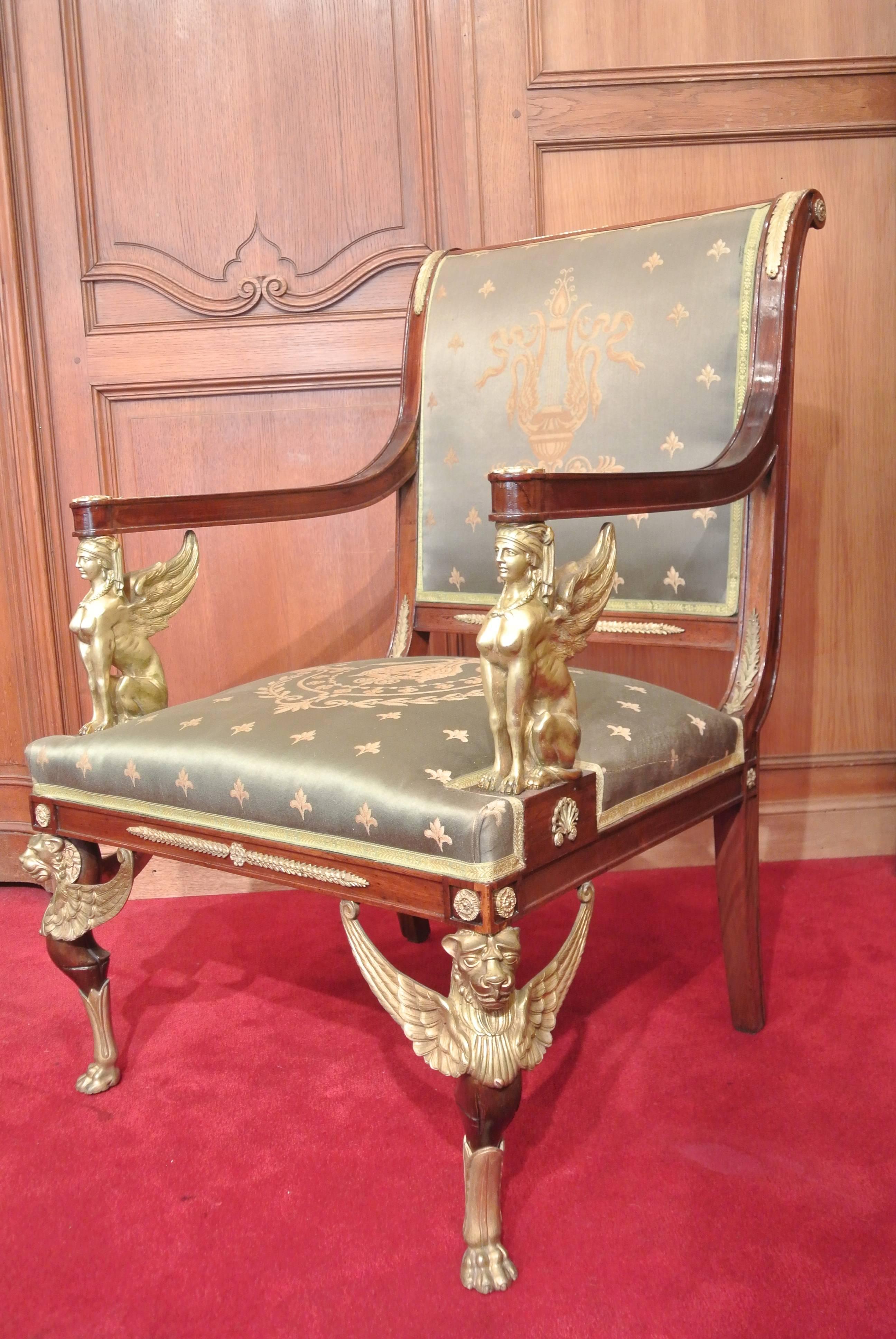 Pair of Grand Empire Style Armchairs in Mahogany and Bronze Core 2