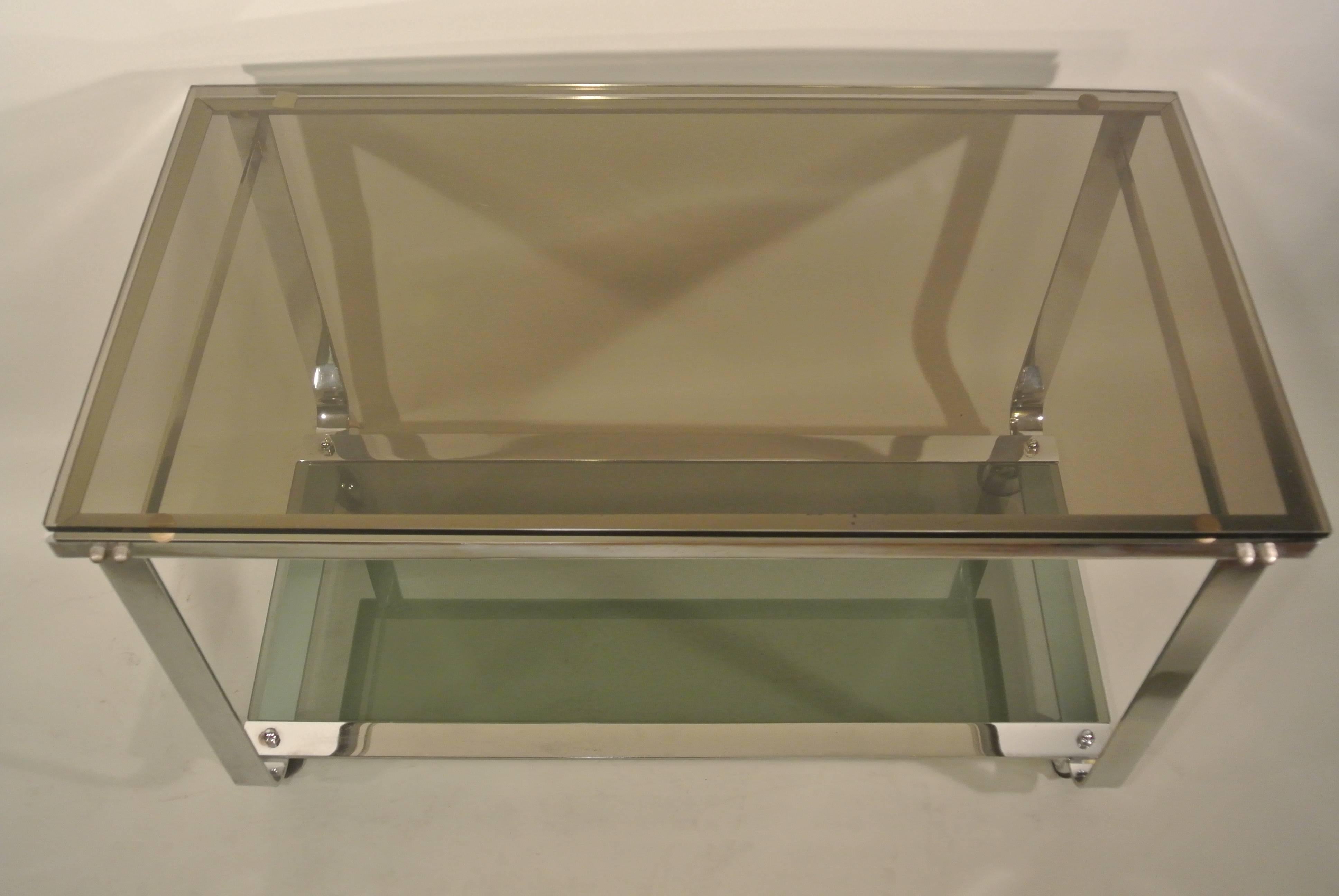 French Mid-Century Chrome Dessert or Bar Cart on Wheels with Tinted Glass, circa 1970