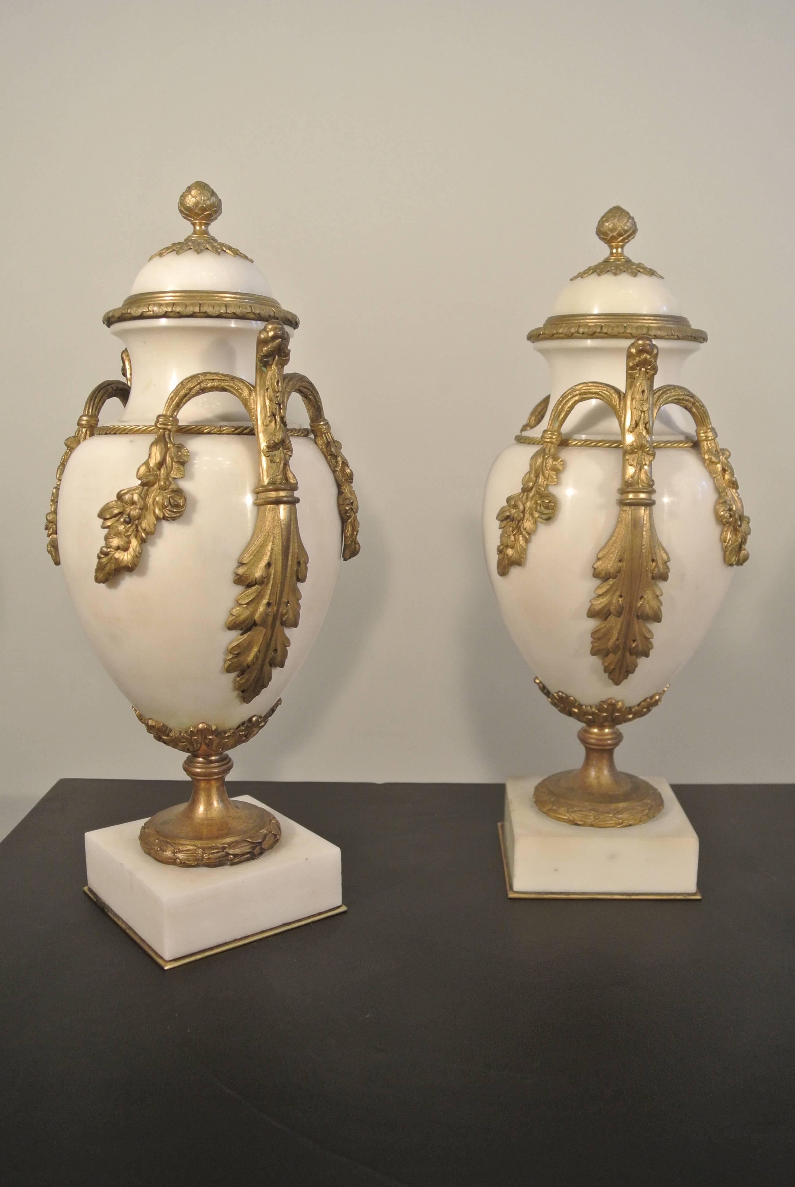 French Pair of White Marble Jars with Gold Gilded Bronze Mounts, 19th Century