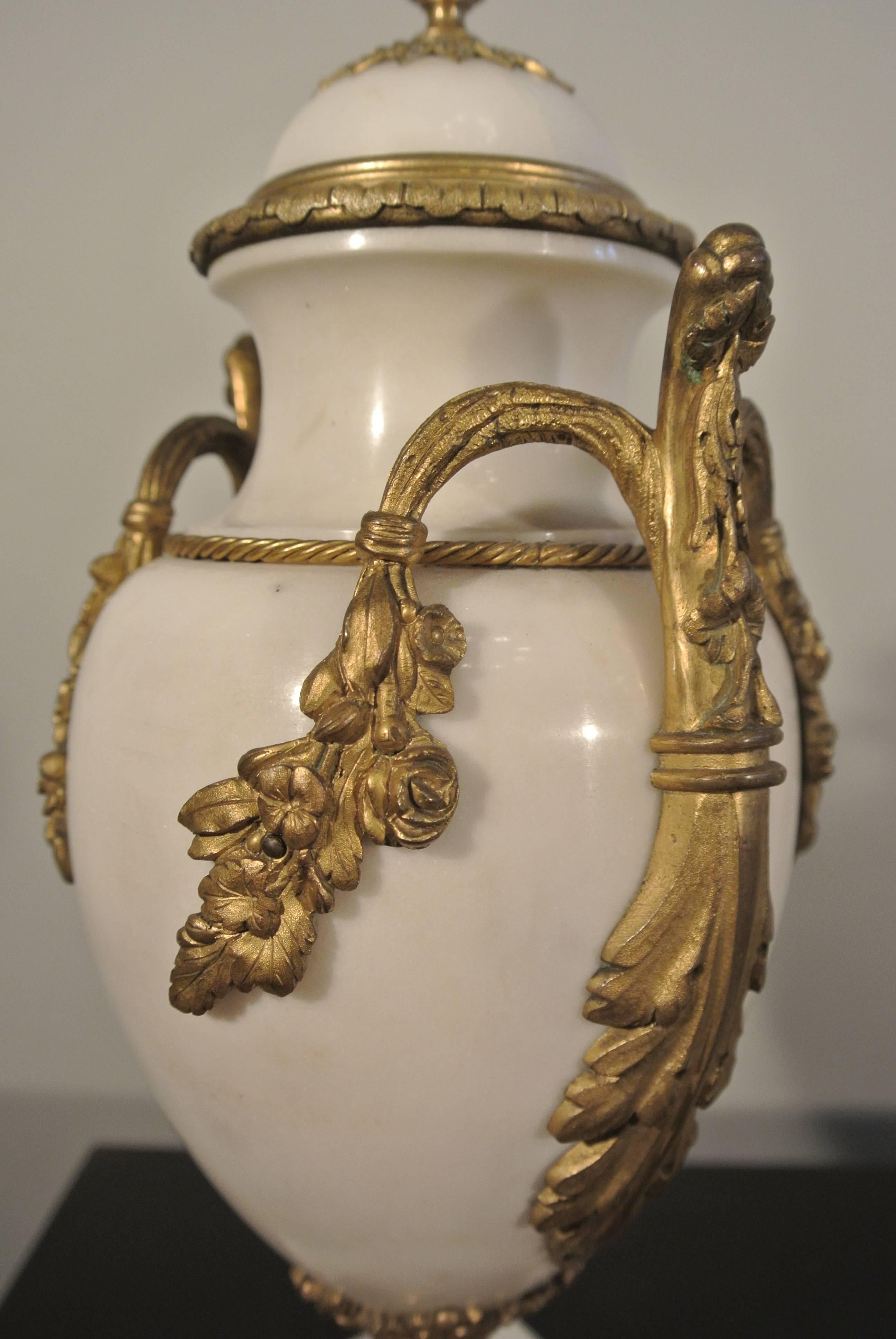 Napoleon III Pair of White Marble Jars with Gold Gilded Bronze Mounts, 19th Century