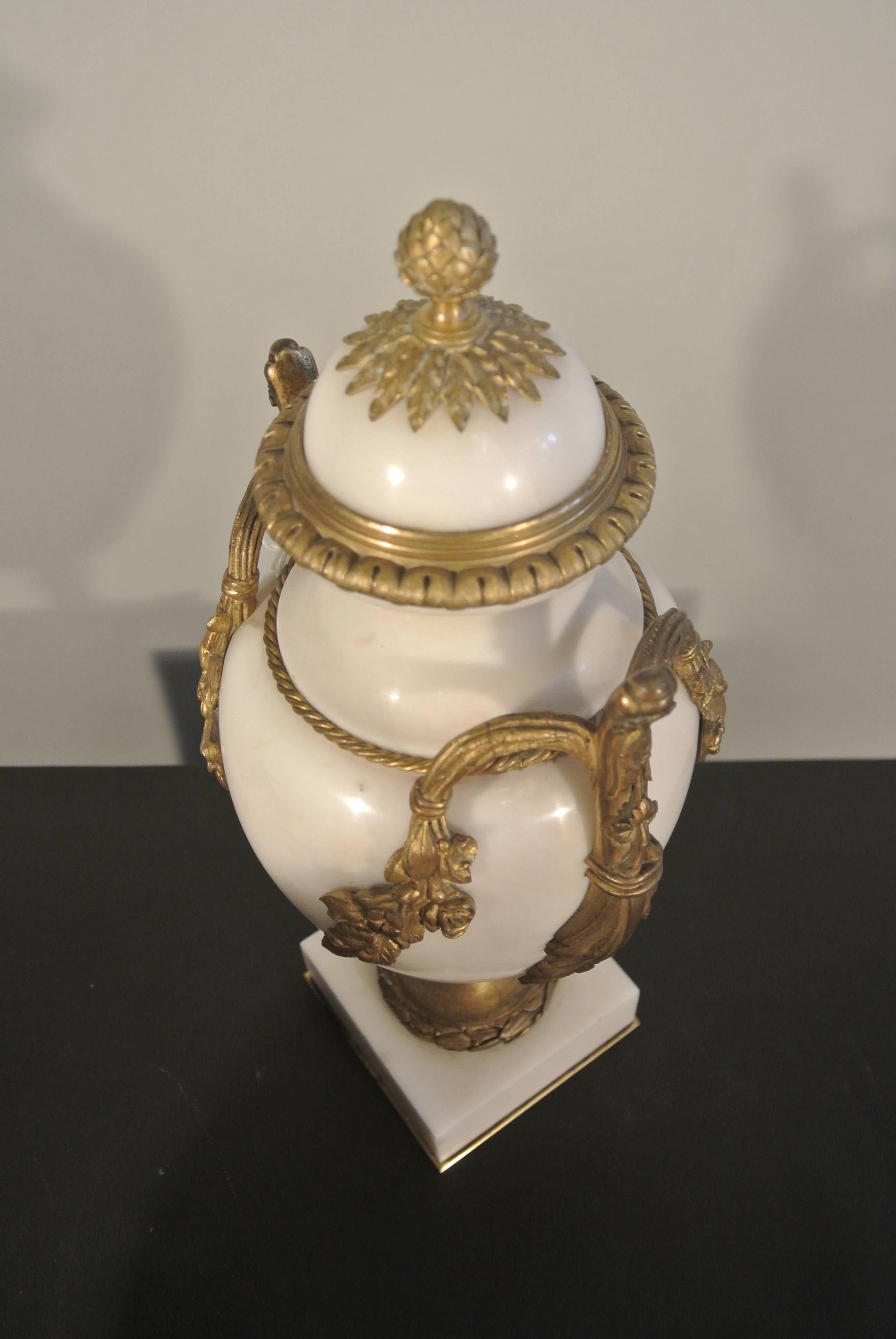 Gilt Pair of White Marble Jars with Gold Gilded Bronze Mounts, 19th Century