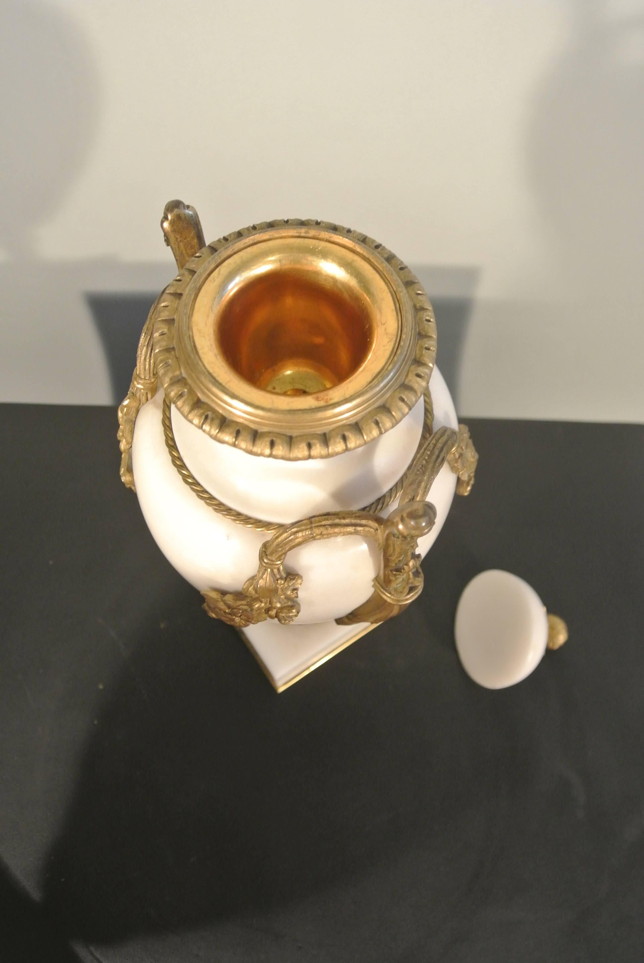 Late 19th Century Pair of White Marble Jars with Gold Gilded Bronze Mounts, 19th Century