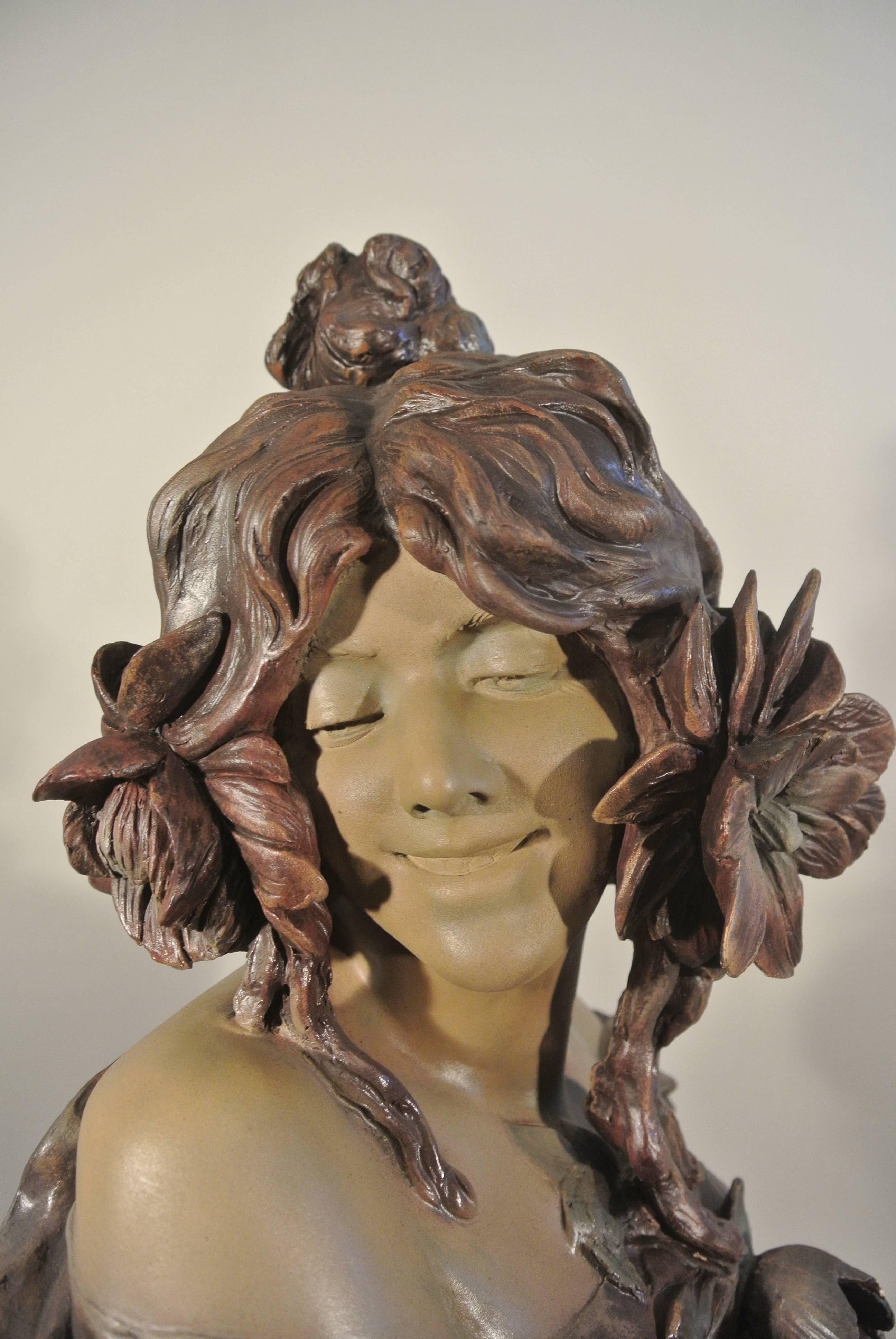 Art Nouveau Terra Cotta Woman with Flowers by Goldsheider, circa 1900 1