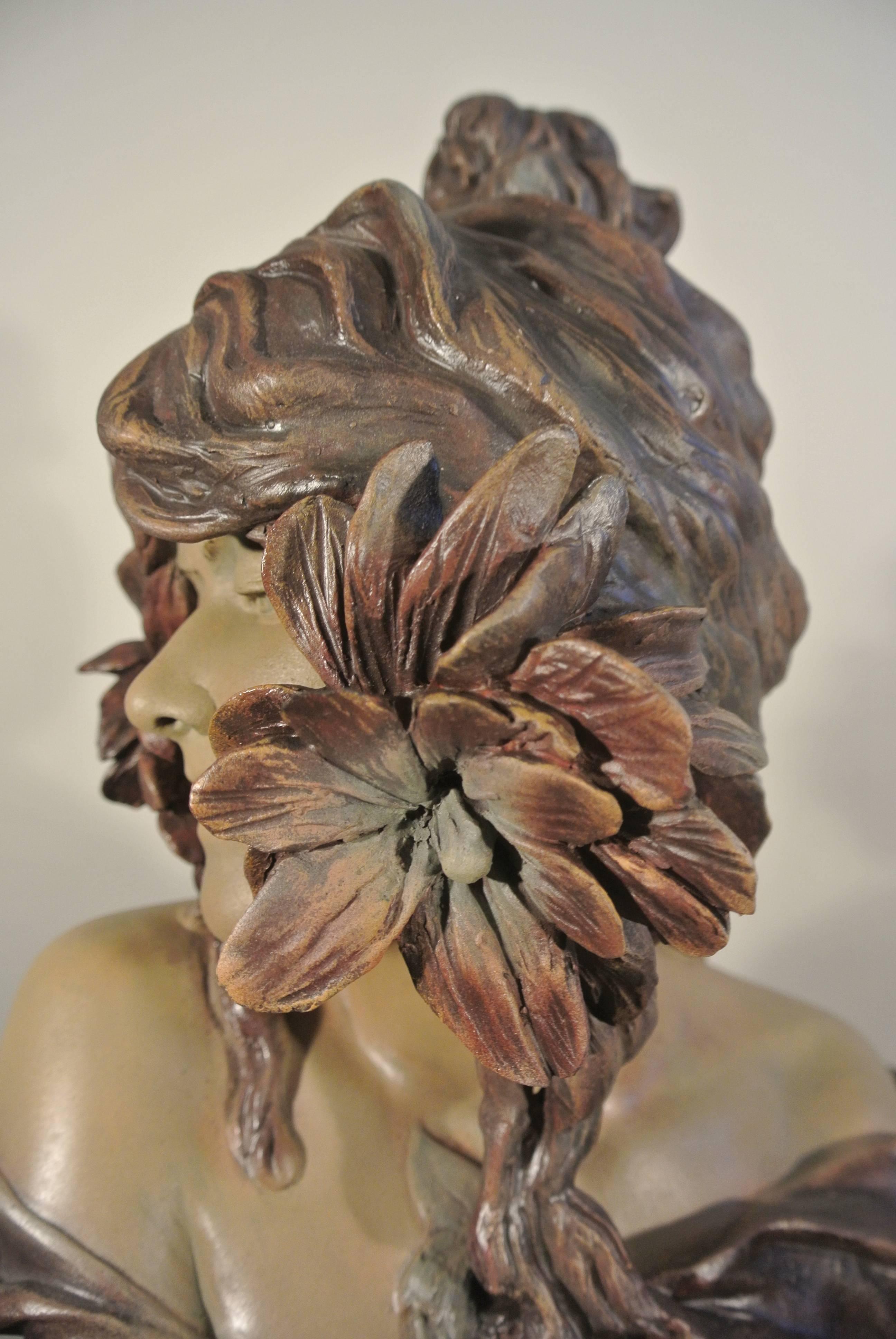 Terracotta Art Nouveau Terra Cotta Woman with Flowers by Goldsheider, circa 1900