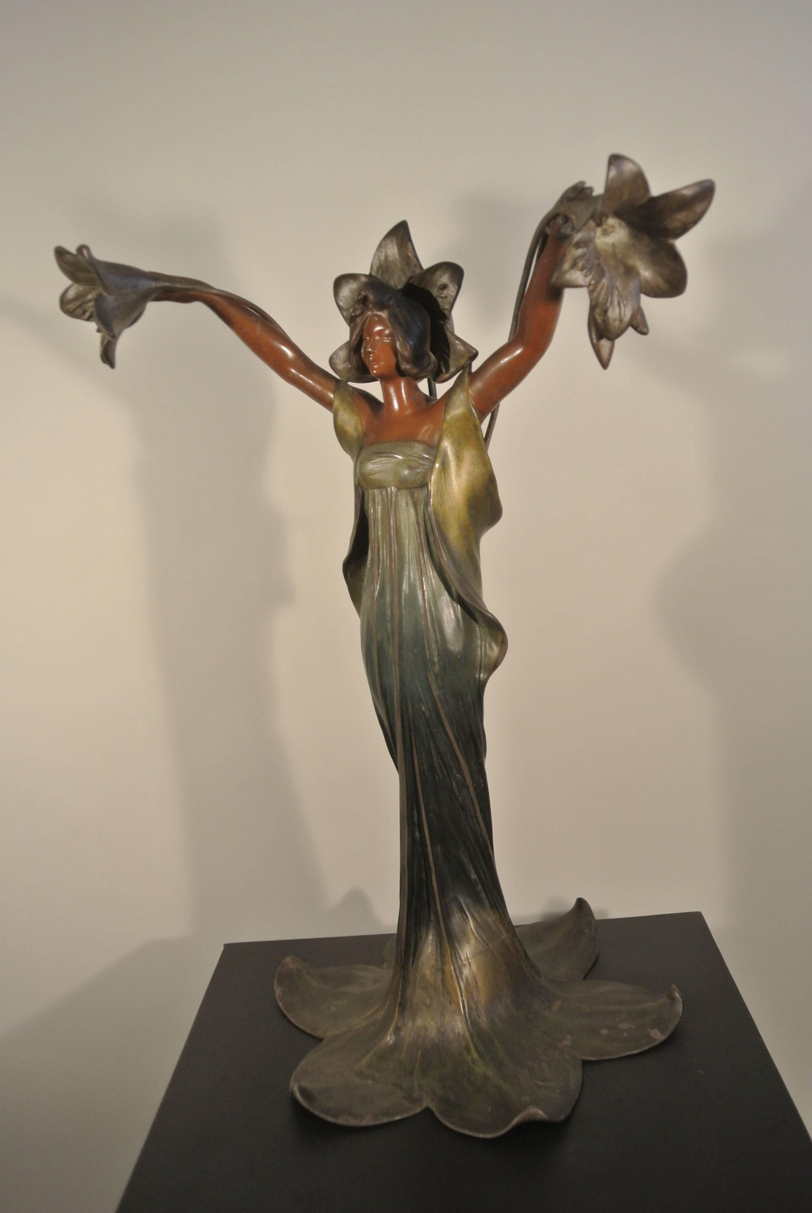 20th Century In Cold Painted Metal, 'Lady of Lilies' Signed J. Causse, circa 1900